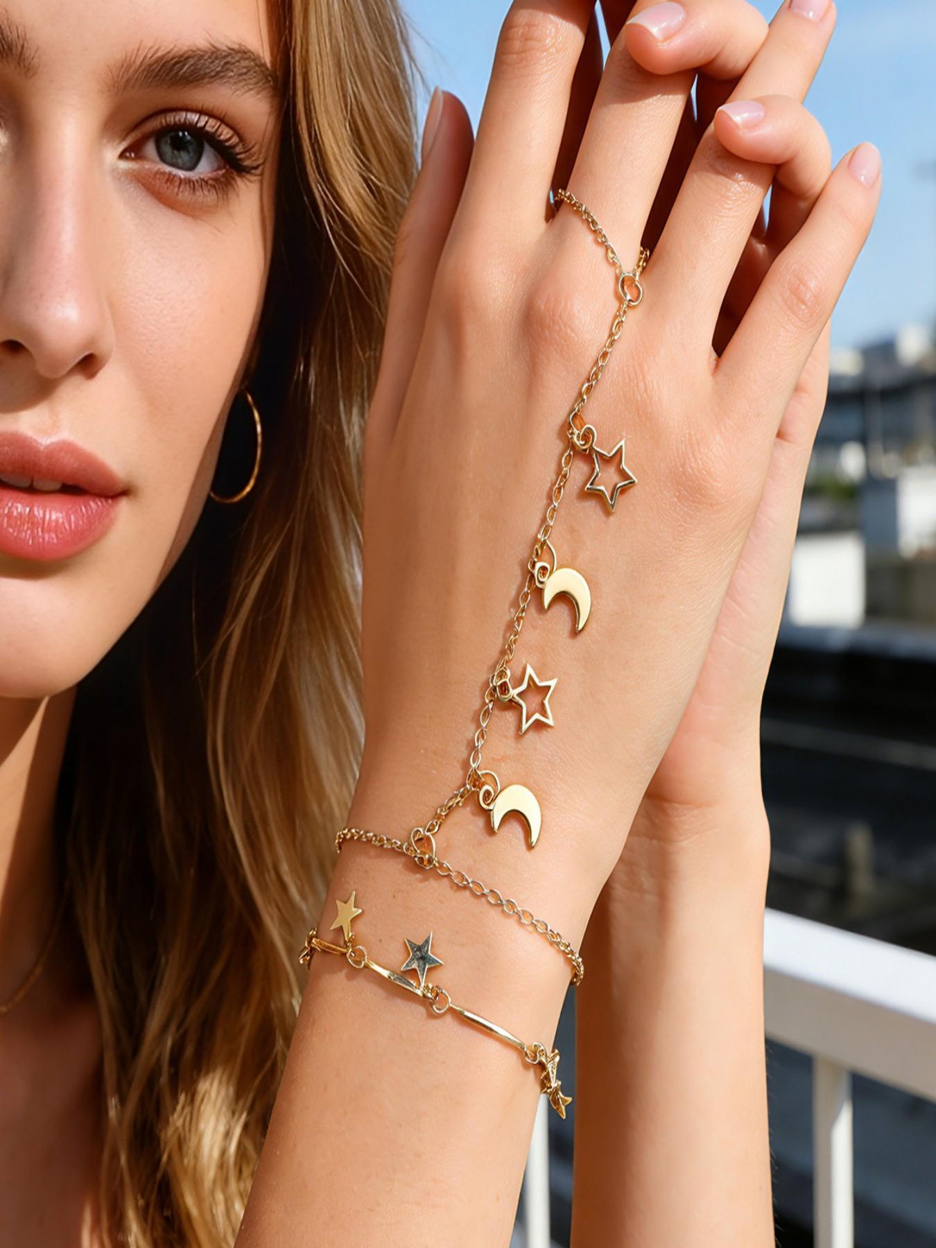 2pc Layered Bracelet, Retro Star Moon Design, Multi-Layer Connected Finger Bracelet, Casual Women's Accessory, Birthday Gift