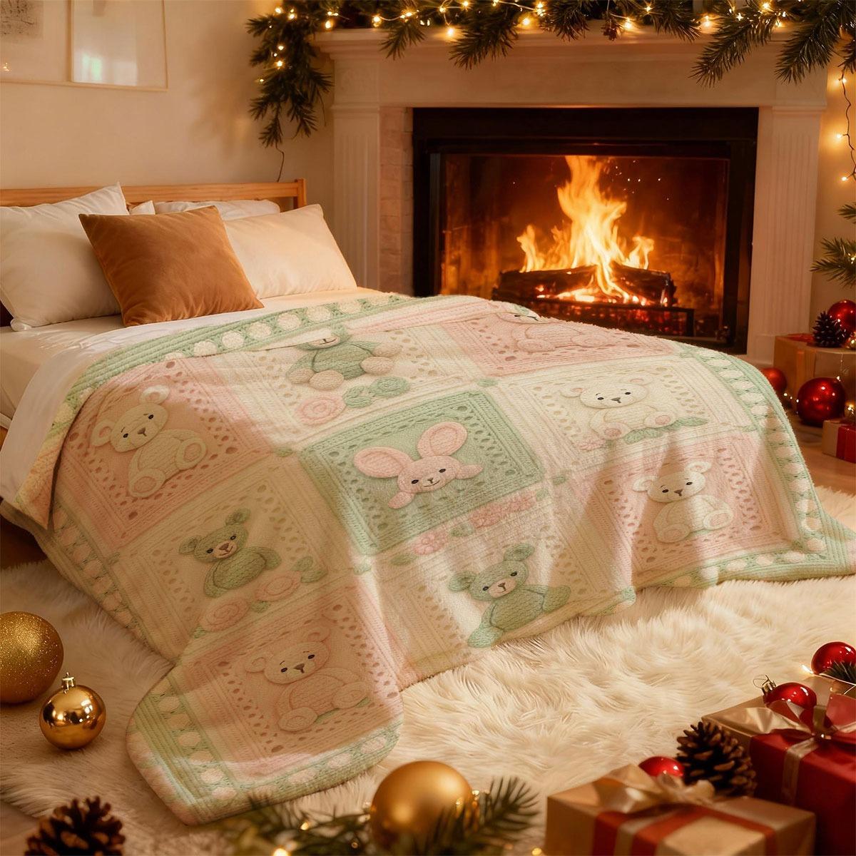 1pc Grandma'S Square Magritte Crochet Print Flannel Blanket | Soft and Comfortable Throw with Teddy Bear and Floral Design, Lightweight All-Season Blanket for Sofa, Bed, Travel, Office, Home Decor