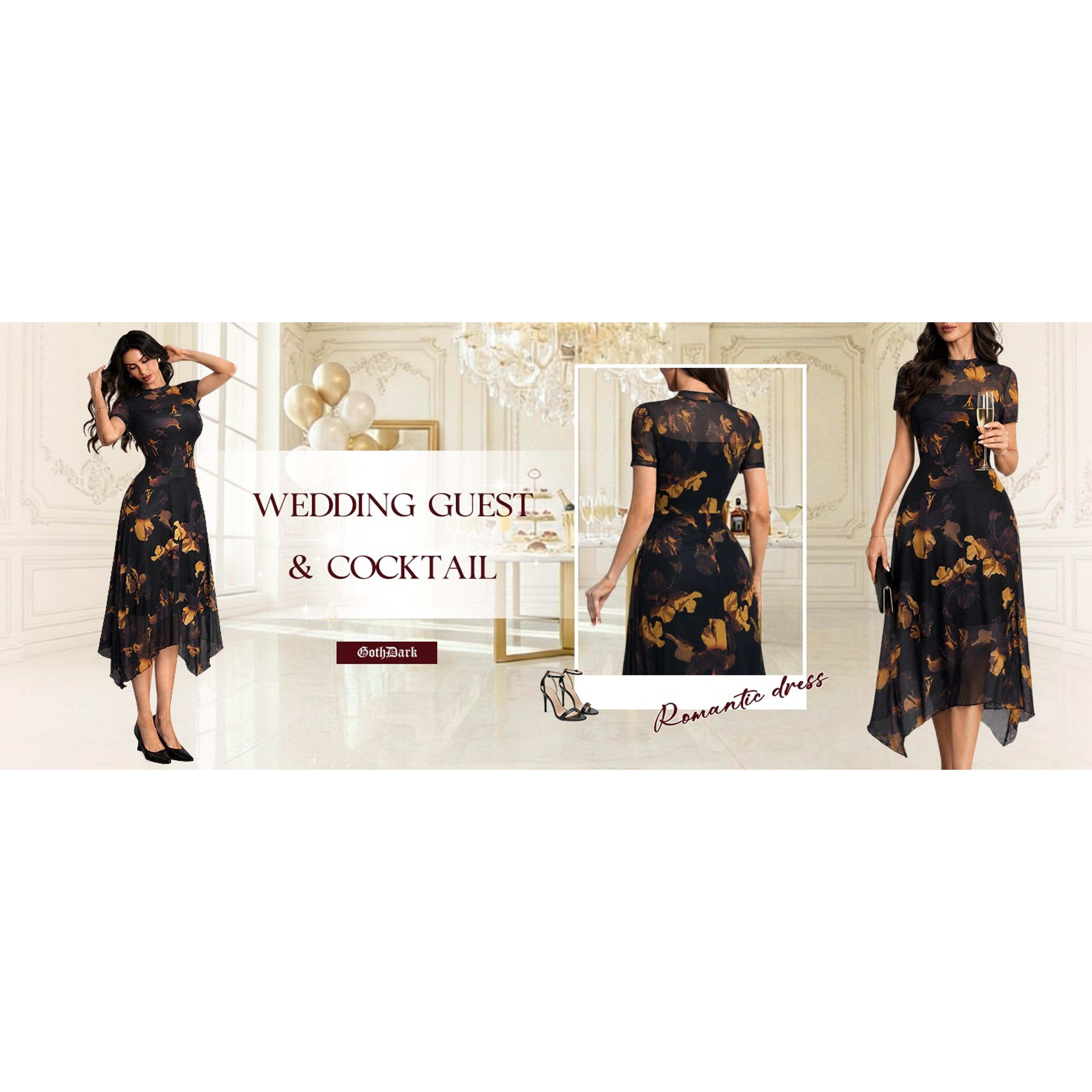 Women's Vintage Goth Midi Dress - Floral Print, Mesh Spliced, Double-Layered, Irregular Hemline, Flower Accent, Slim Fit, for Wedding Guests, Party, Casual, Everyday Wear