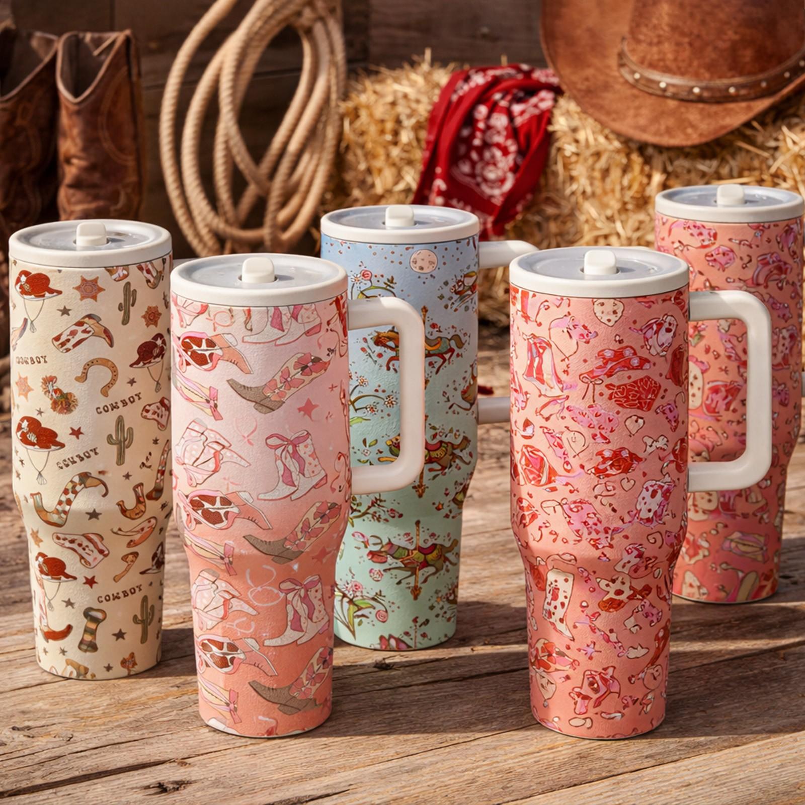 1 Pc 40oz Western Cowgirl Insulated Mug Tumbler, Cowboy Style Thermal Cup With Handle, Double Wall Stainless Steel, Stainless Steel Drinkware, Leak Proof For Hot Cold Drinks, Keep Warm 12 Hours Cold 24 Hours, Western Aesthetic Gift For Women Men