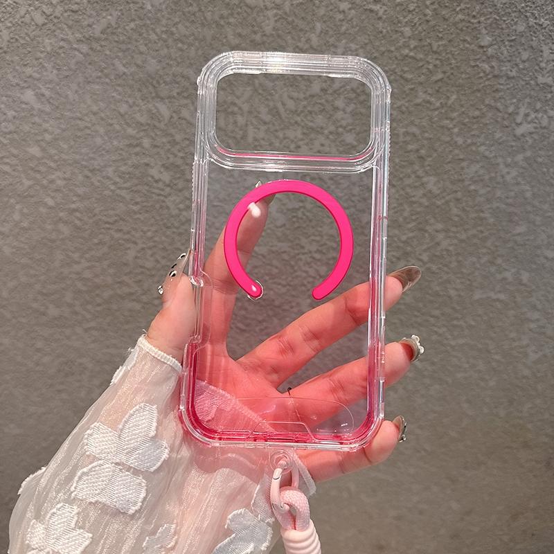 Gradient Color Case For iPhone 17 Air 16 15 14 13 12 11 Pro Max 16 Plus Straps Shockproof Lanyard Magnetic Charge Clear Cover Adjustable Phone Strap