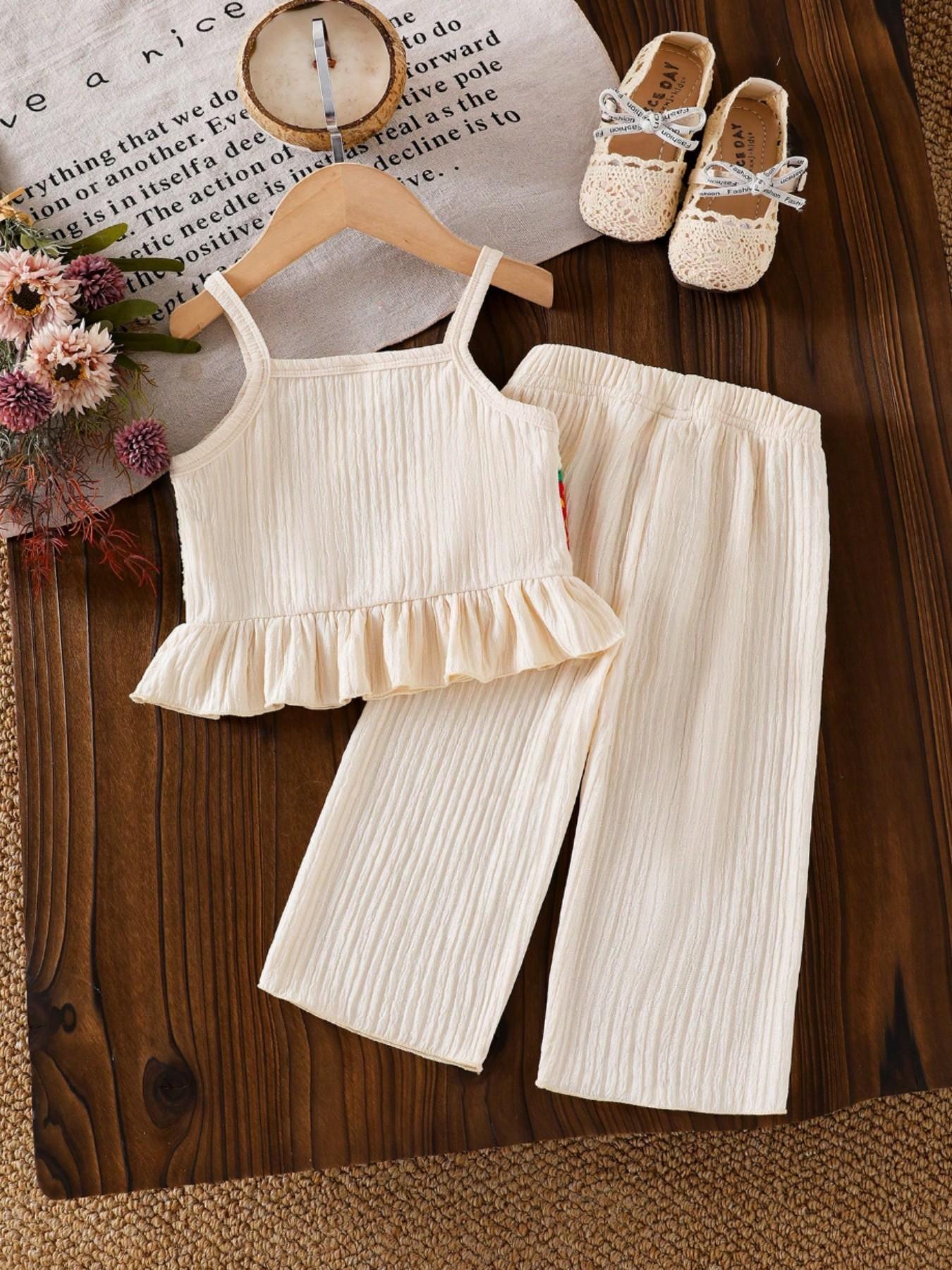 Girls' Strawberry Pattern Ruffle Halter Top with Matching Long Pants, Summer Fashion Set, Ideal for Daily Outings and Beach Wear