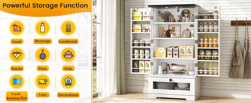 47" Pantry Cabinets with Adjustable Shelves and Drawer, Farmhouse Kitchen Pantry Storage Cabinet, Buffet Cupboards Sideboard for Kitchen, Dining Room, Living Room Use