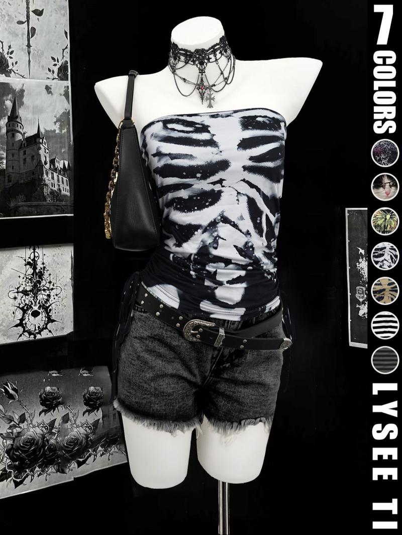 Casual vacation style striped printed fashionable women's drawstring side tie strapless vest