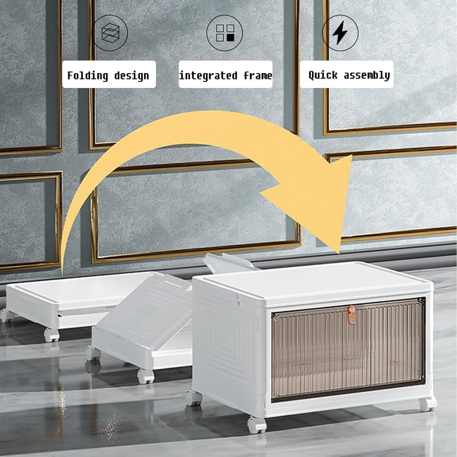 Stackable Plastic Durable Storage Cabinet, Foldable Shoe Rack Rolling Wardrobe Organizer Box with Cover and Locking Wheels, Home Living Room Office Dorm (3 Layers)