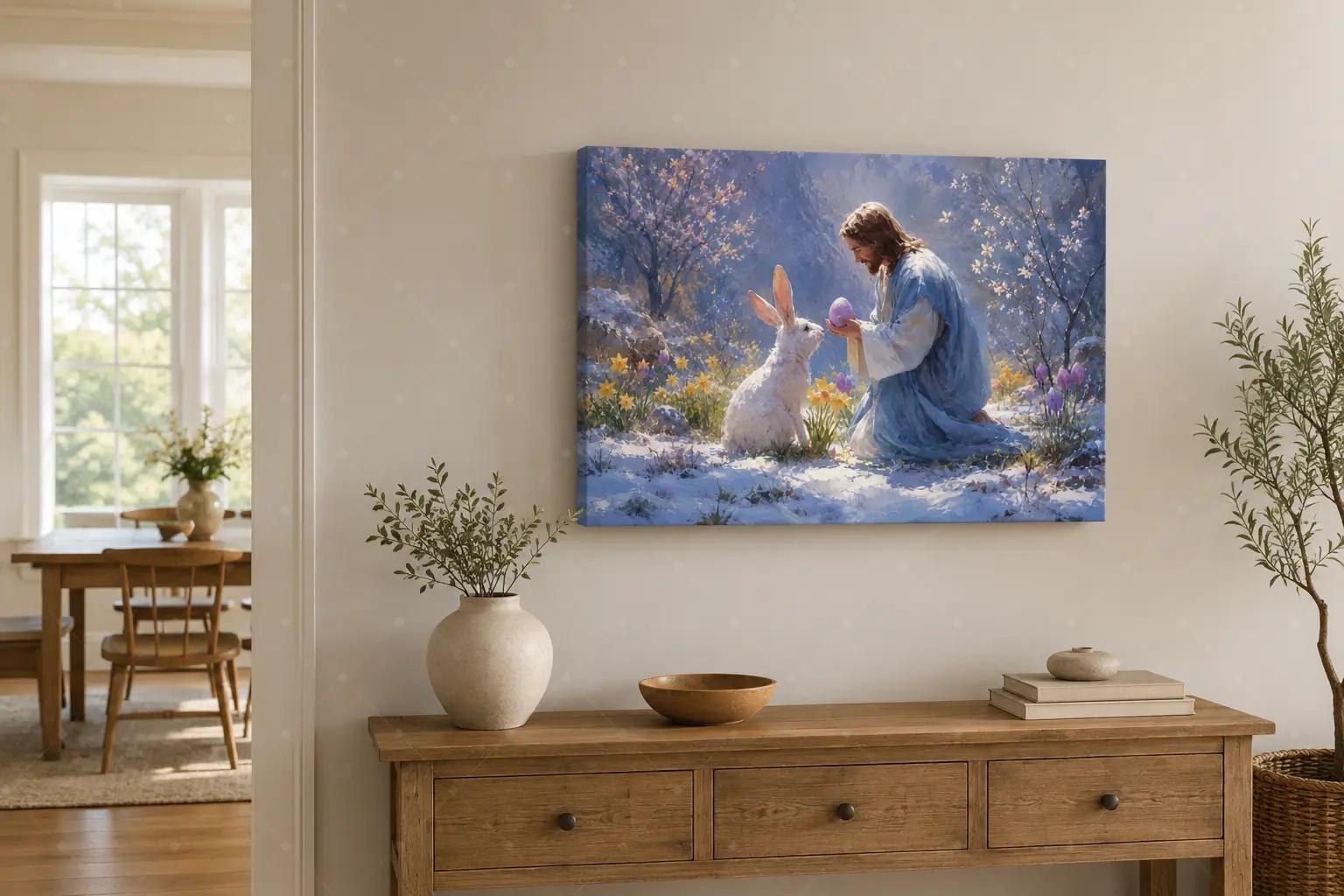 Easter Religious Gentle Scene Oil Painting Canvas Art poster wall decor, Faith Rabbit Easter Wall Decor Living Room Prayer Room Christian Warm Home Decor Easter Religious Gentle Scene Oil Painting Canvas Art poster wall decor, Faith Rabbit Easter Wall Decor Living Room Prayer Room Christian Warm Home Decor