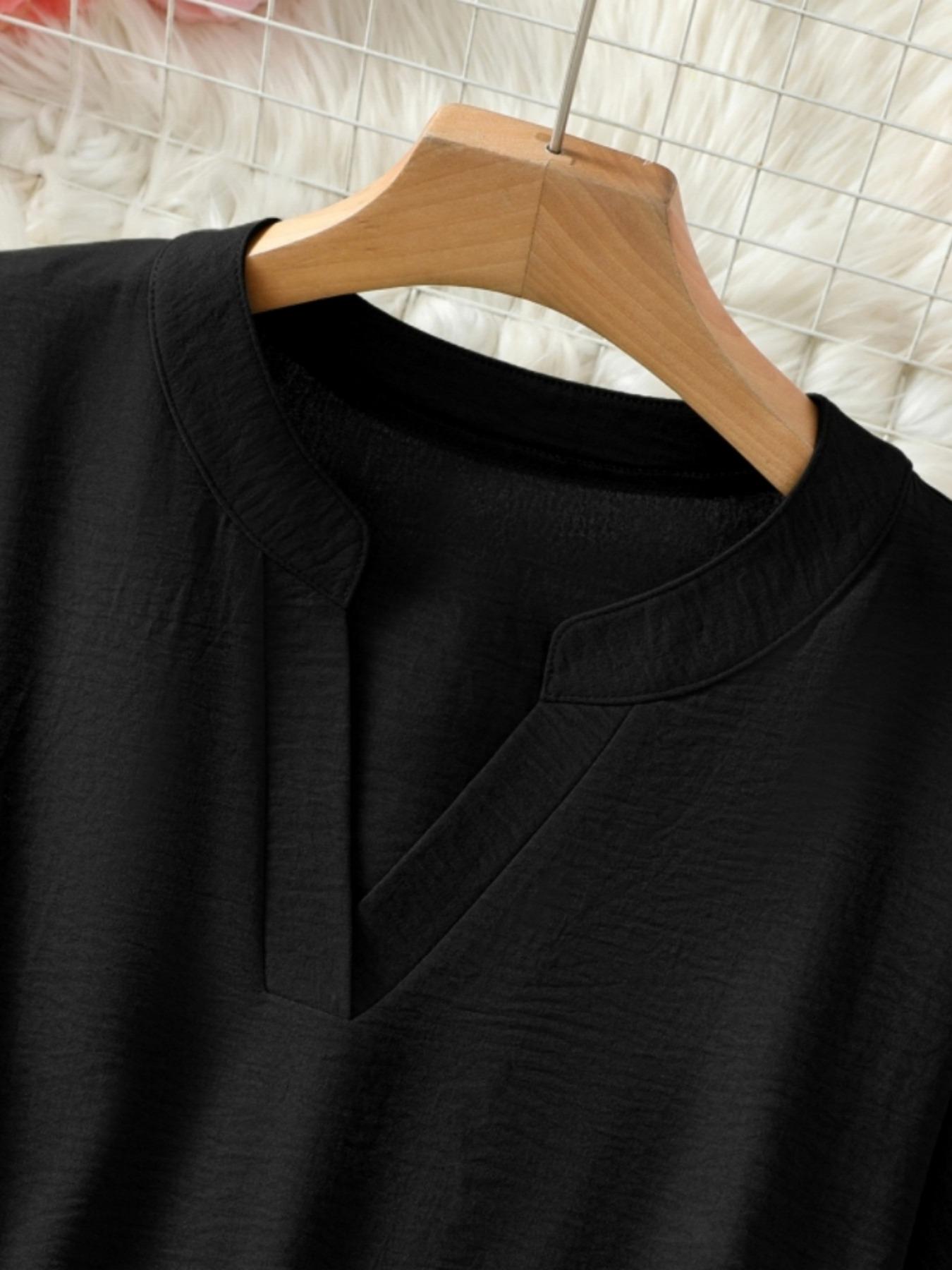 Women's Loose Notched Neck Long Sleeve Blouse, Fashion Vintage Simple Versatile Top, Women's Casual Drop Shoulder Clothing for Spring & Fall