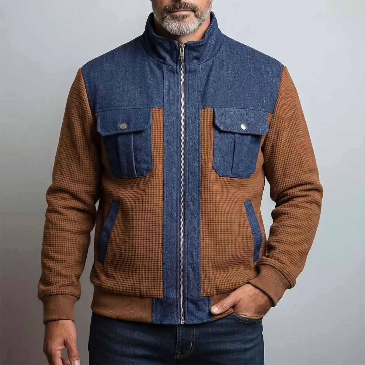 Men's stand up collar zipper spliced jacket, a contrasting patchwork jacket made of denim fabric and waffle knit fabric, a zippered flap chest pocket, ribbed cuff design, a casual jacket suitable for daily commuting, street style, and outdoor travel in au