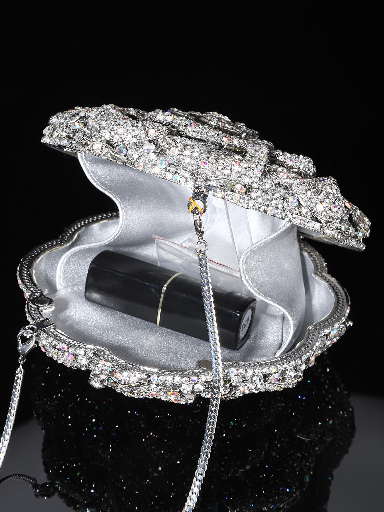 1pc Mini Elegant Clutch Bags Rhinestone Flower Design Evening Purses For Party&Prom,Luxury Metal Crystal Handmade Clutch Bags For Women,Full Diamond Dinner Clutches Novelty/Glitter Handbags For Wedding Bride/Gifts