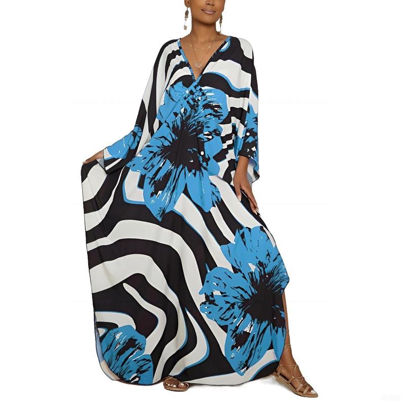 Bsubseach Women Ethnic Print Kaftan Dress ，Plus Size All Over Print  Sleeve TunicDress, Boho Casual V Neck 3/4 Sleeve TunicDress for Women, Women's Plus Cover Up,Mrs. Roper Kaftan ，bubu，mumu，Casual Womenswear Summer Bohemian