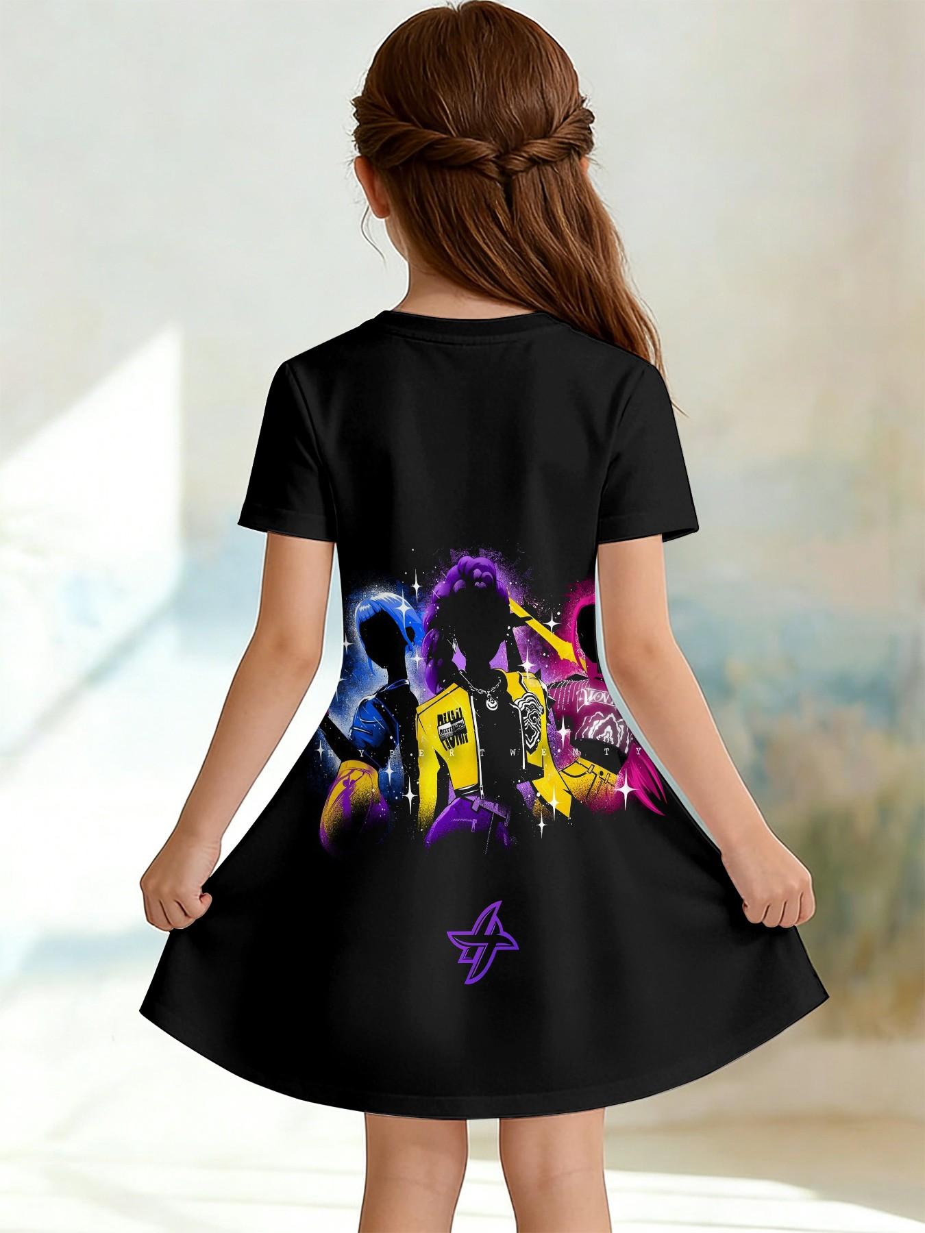 Trendy Girls' Dark Starry Print A-Line Dress, Cool Group Style Short Sleeve Dress, Fashion Outdoor Wear, Birthday & Holiday Gift