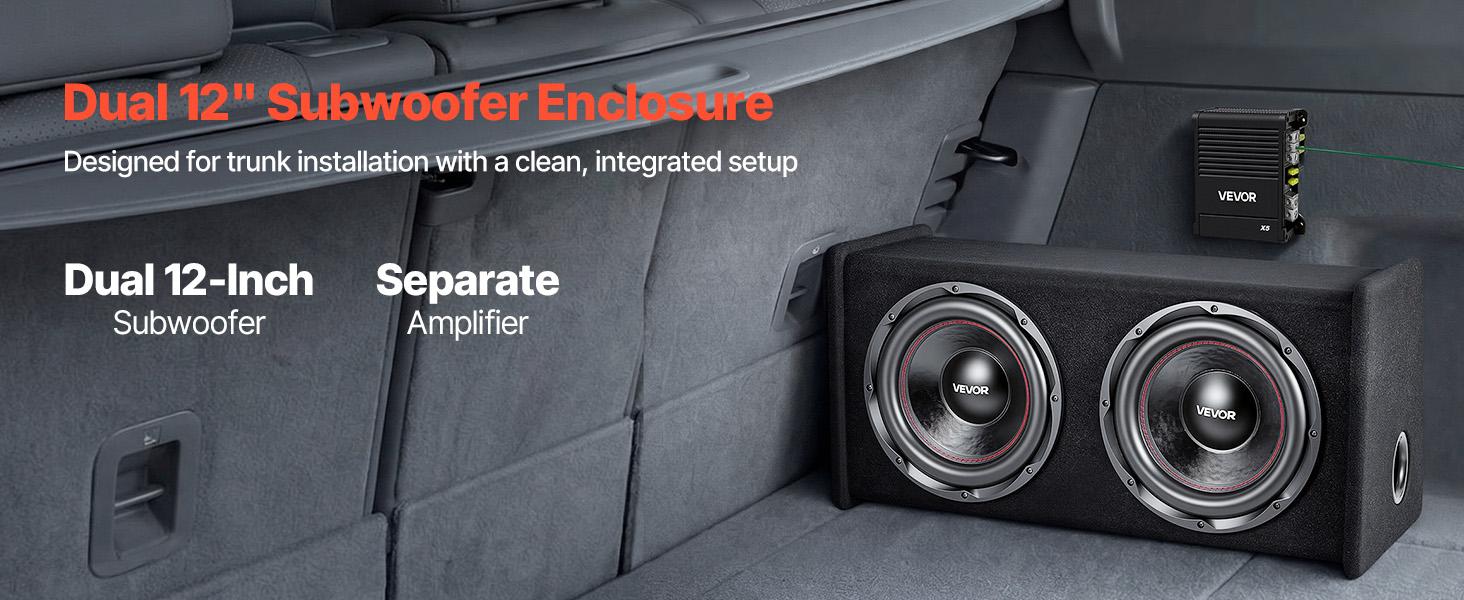 VEVOR Subwoofer Bass Package, 12 in, 490W RMS, Dual Car Audio Subwoofer and Amp Package, with Loaded Enclosure, Separate Amplifier, and Wiring Kit, for Various Vehicles Trunks, Car Audio Systems