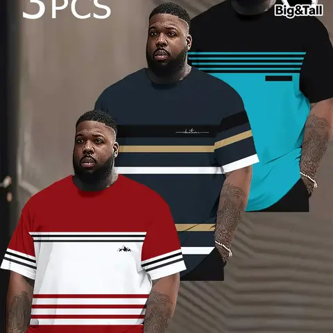 3-Pack Plus Size Men's Classic Fashion Casual Round Neck Short Sleeve T-Shirts, Fashion Tees, All-Season Versatile Daily Wear, Striped Style, Urban Trend Streetwear Clothing, Menswear