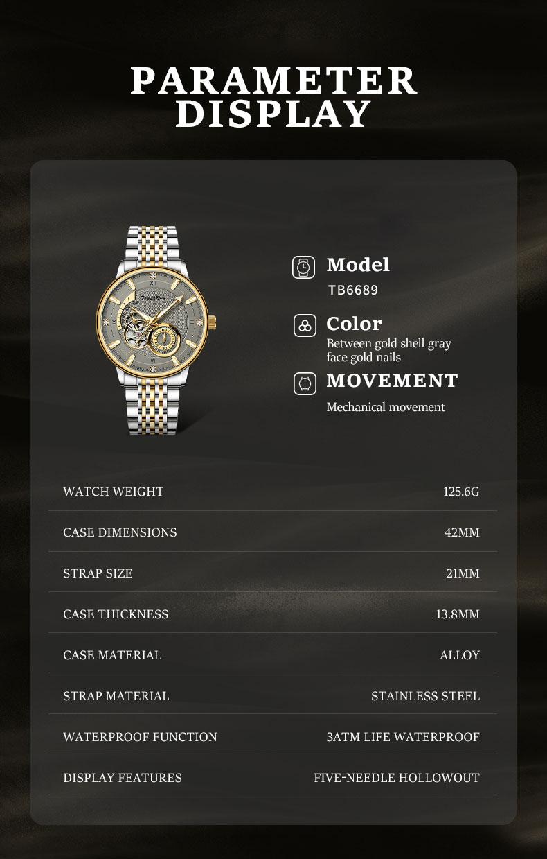 TINAIBIN Men's Diamond Business Formal Pointer Automatic Mechanical Watch Stainless Steel Waterproof Luminous Two-color Luxury Casual Watch