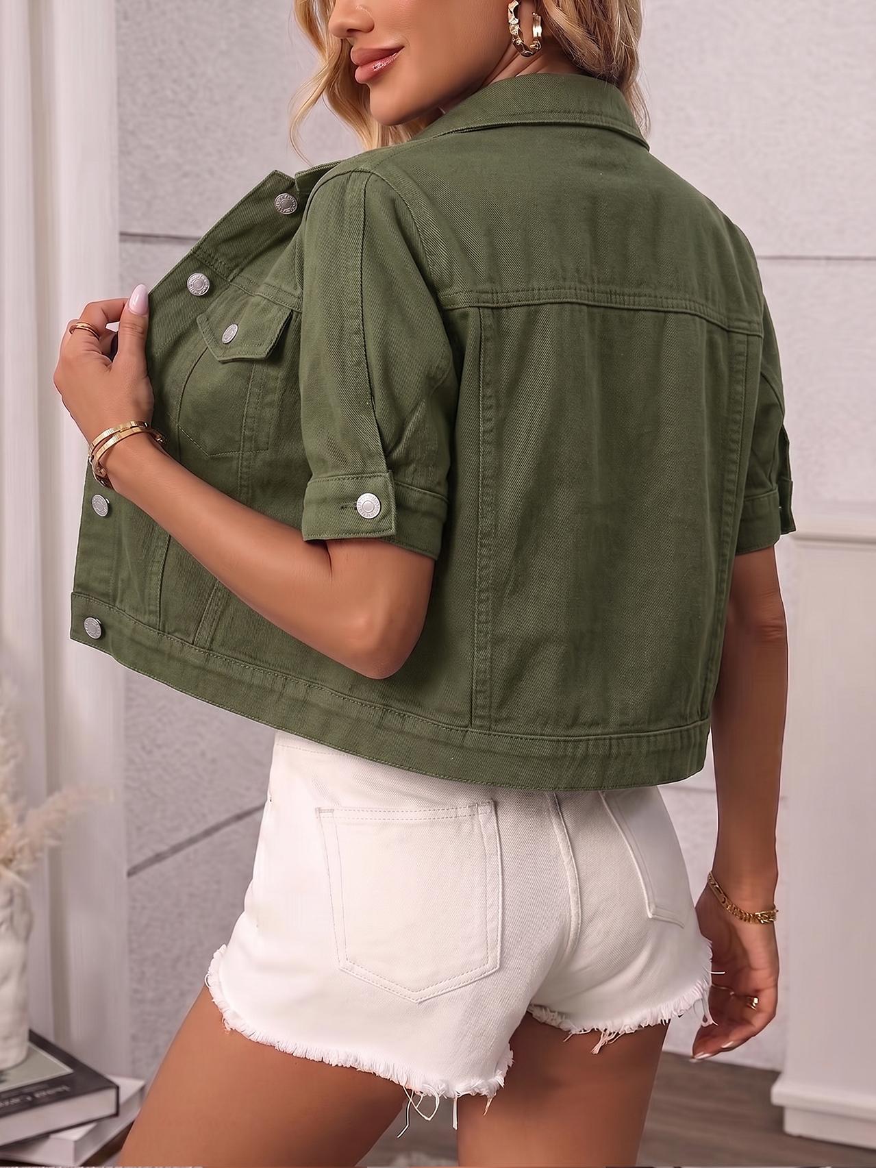 Women's Classic Short Sleeve Denim Jacket, Casual Single Button Short Denim Collar Top, Summer Outerwear, Loose-Fitting Women's Classic Short Sleeve Denim Jacket, Casual Single Button Short Denim Collar Top, Summer Outerwear, Loose-Fitting