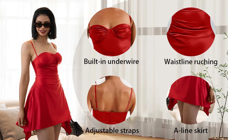 OYV Women's Satin Sleeveless Spaghetti Strap Ruched Sexy Mini Club Party Dress