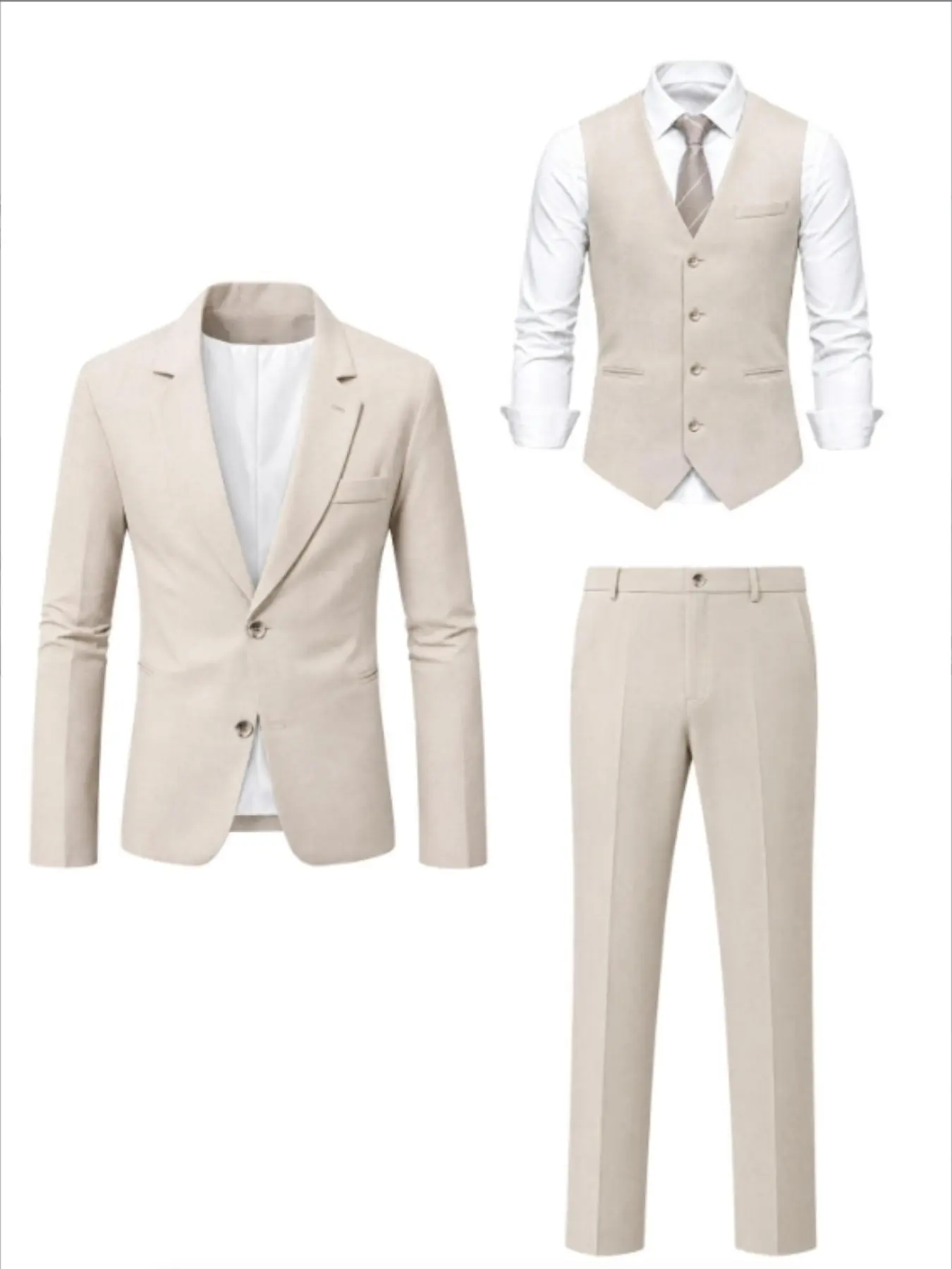 Men's Beige Three-Piece Suit Set, Jacket + Vest + Pants, Slim Fit Business Cut, Lightweight for Weddings, Commuting, Parties, Formal Events
