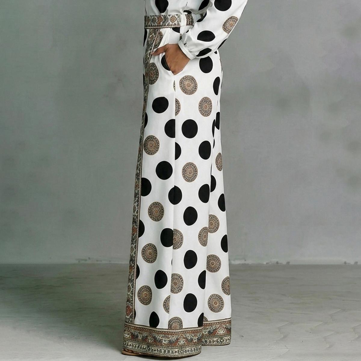 Women's Dot Paisley Floor-Length Palazzo Pants - High Waist Silky Satin Loose Leg Trousers with Side Pockets, Hidden Zip, Elastic Back Waistband, Resort & Workwear Bottoms, Loose Legs,clothes for back to school,first day of school outfits Women's Dot Paisley Floor-Length Palazzo Pants - High Waist Silky Satin Loose Leg Trousers with Side Pockets, Hidden Zip, Elastic Back Waistband, Resort & Workwear Bottoms, Loose Legs,clothes for back to school,first day of school outfits