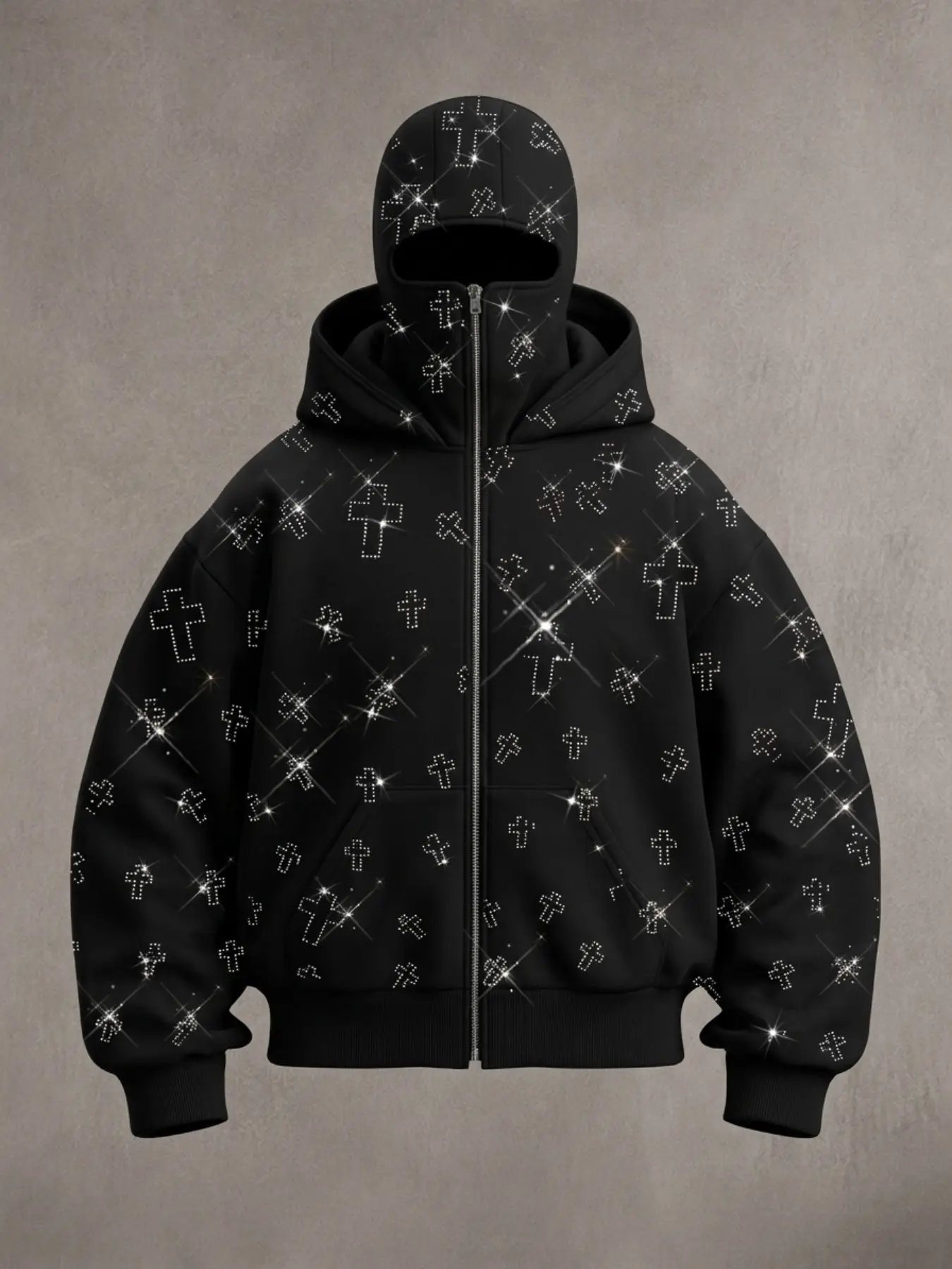 Women's Street Style Fall Winter Fleece Warm Jacket, Windproof Y2K Punk Fashion, Rhinestone Cross Gothic, Zip Print Hoodie