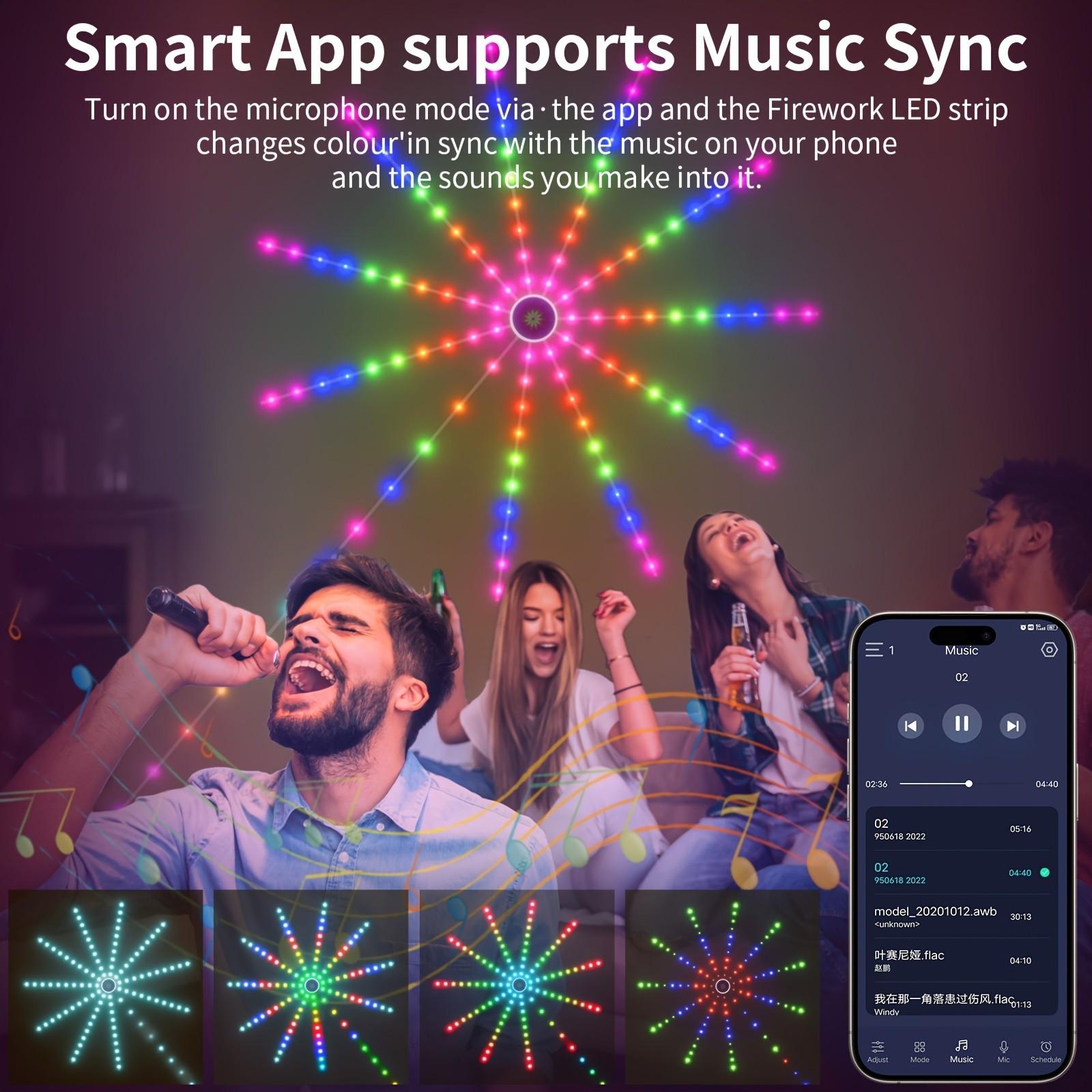 USB RGBIC Smart Fireworks LED Strip Lights, Music Sync Sound Activated Color Changing Atmosphere Lamp, Remote & Bluetooth APP Control Decor Light for Bedroom Bar Home Christmas Eid Party Indoor Decor