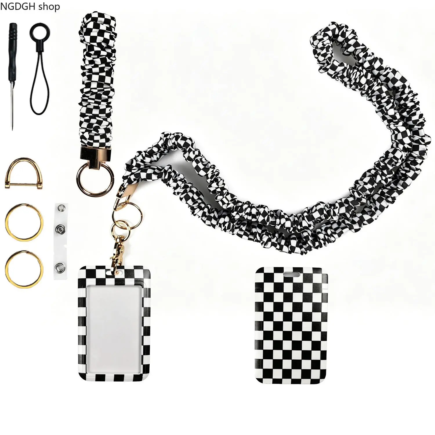 Trendy Checkerboard Scrunchie Lanyard with ID Badge Holder for Keys, Black White Checkered Neck Strap Keychain Wristlet Set for Teacher Nurse, Back to School Gifts Aesthetic Office Work Accessories