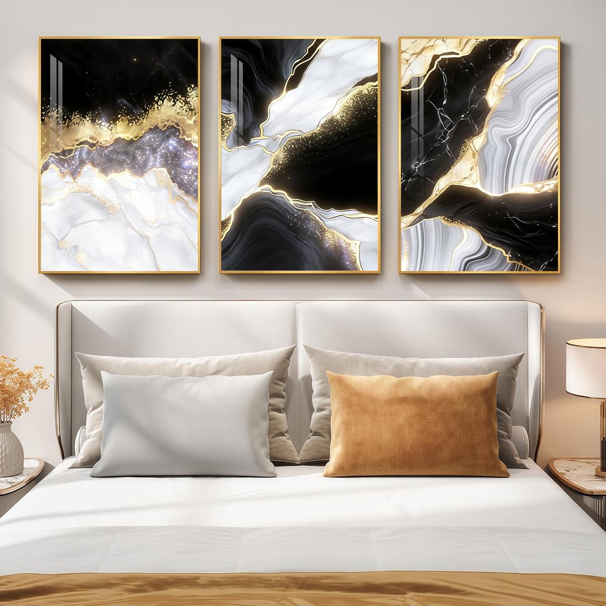 3 Counts Aluminum Alloy Framed Painting, Black White Gold Abstract Marble Art Pictures, Home Decoration For Living Room, Bedroom, Office, Restaurant, Hallway Wall Decor, Odorless Print Artwork, Luxury Perfect Gift For Friends And Family