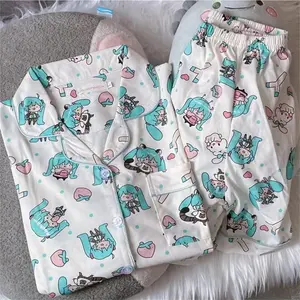 Kawaii Hatsune Miku Pajamas Set Soft Comfortable Women Long sleeves PantSleepwear Cotton Loose Pyjama Loose Home Clothes Gift