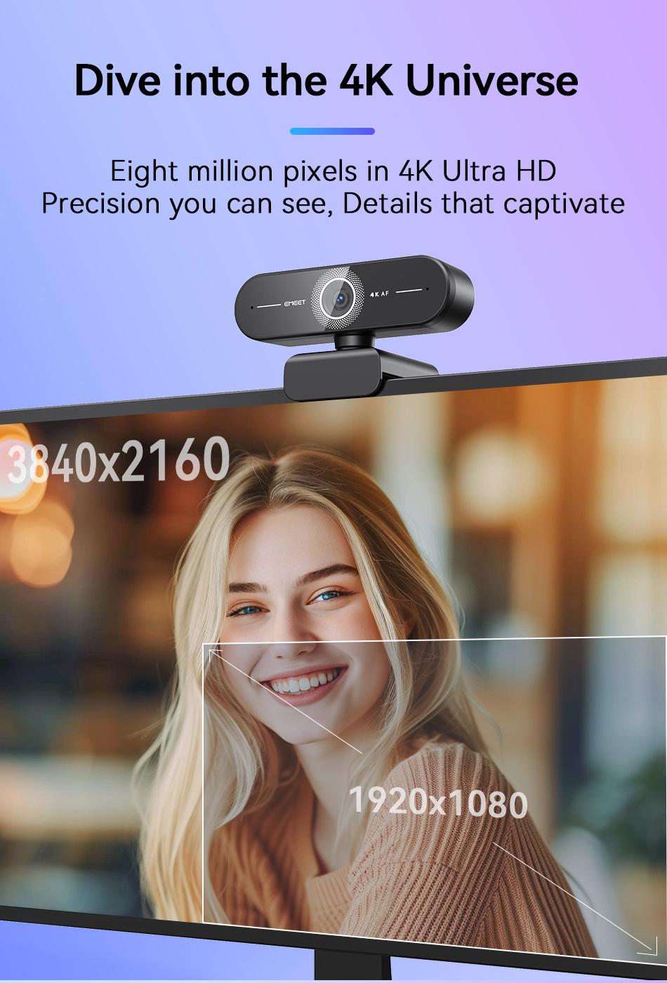 EMEET C60E 4K Ultra HD Webcam with Auto Focus 73° FOV for PC Gaming Switch2 Computer Camera 4K@30fps 1080P@60fps Fast AutoFocus Auto Light Correction Plug & Play with Privacy Cover for Streaming Working Gaming, TikTokShopBlackFriday