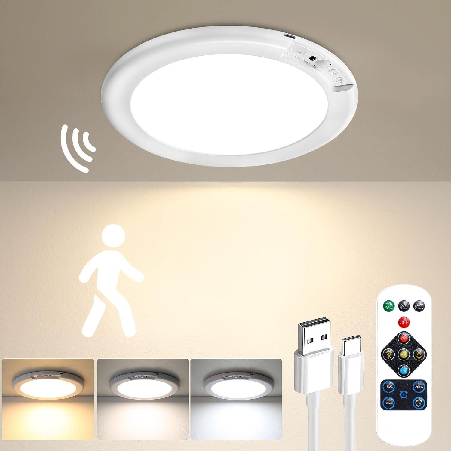 Battery Powered Ceiling Light Rechargeable Motion Sensor Lamp Indoor Wireless Shower Light with Remote Control Adjustable Lighting 3000k 4500k 6500k Adjustable Timer