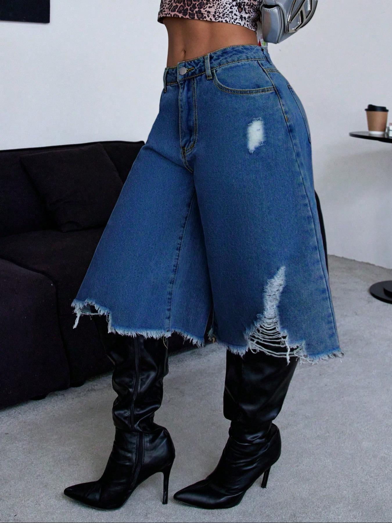 Women's High Waist Ripped Denim Shorts Button, Vintage Wash Design, Pockets, Casual Beach Wear, Multifunctional Fashion Item