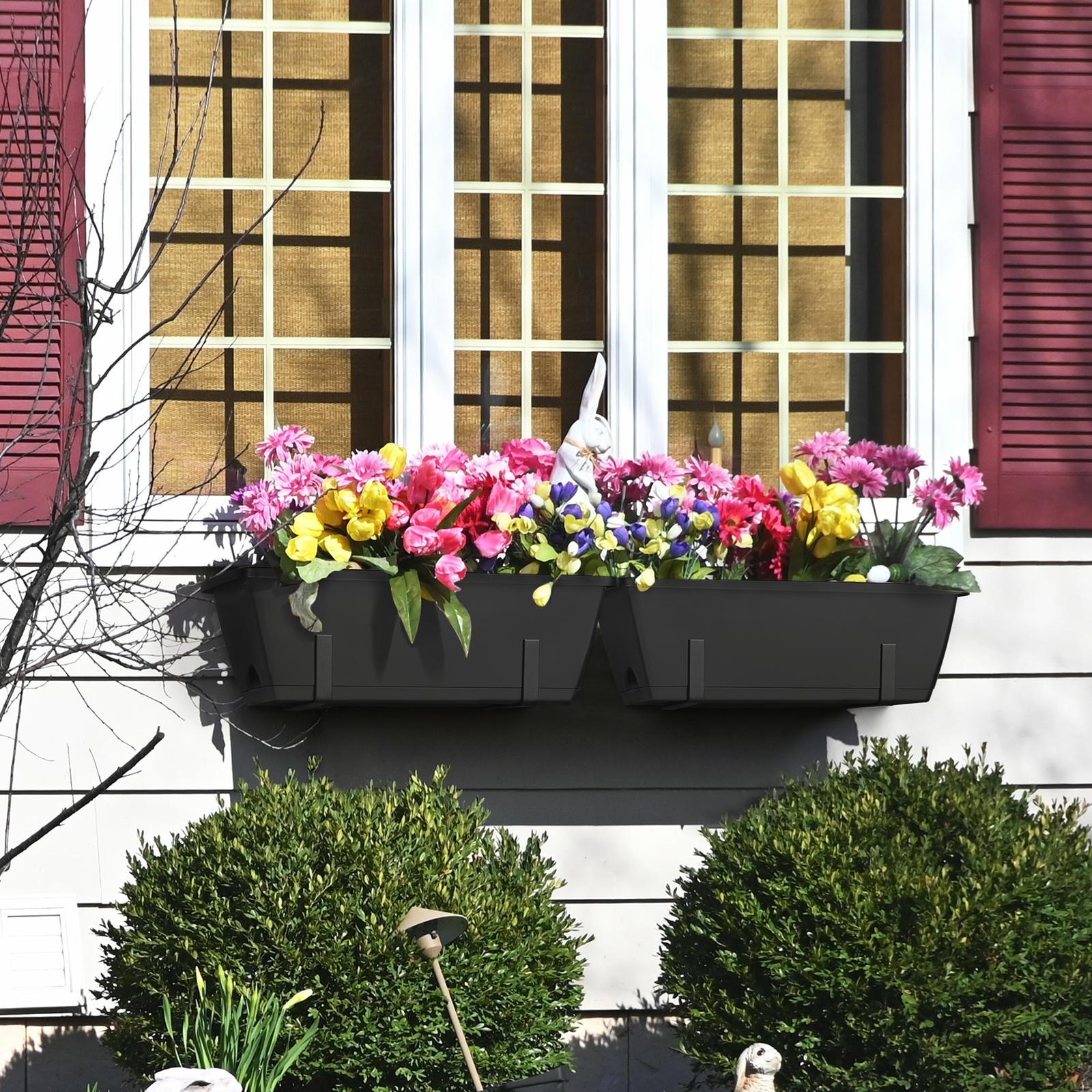 6-Pack Reusable Plastic Rectangular Window Box Planters with Adjustable Rail Mount Brackets, Self-Watering Trays, Integrated Drainage Holes - Hanging Indoor-Outdoor Home Organizer for Flowers, Vegetables