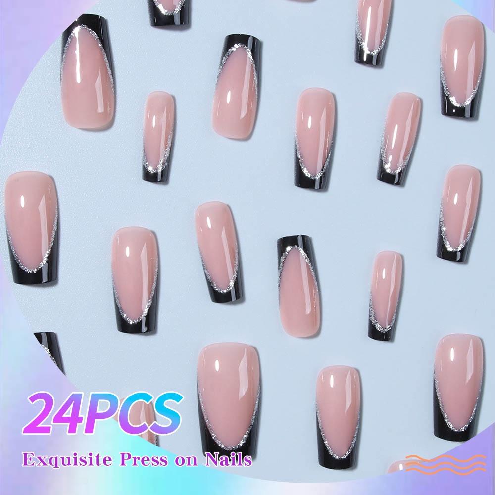 24pcs Medium Square Press-On Nails, French Style Glossy Finish, Reusable DIY Nail Art for Parties and Daily Wear, Shining Rhinestone, Nails Press Ons