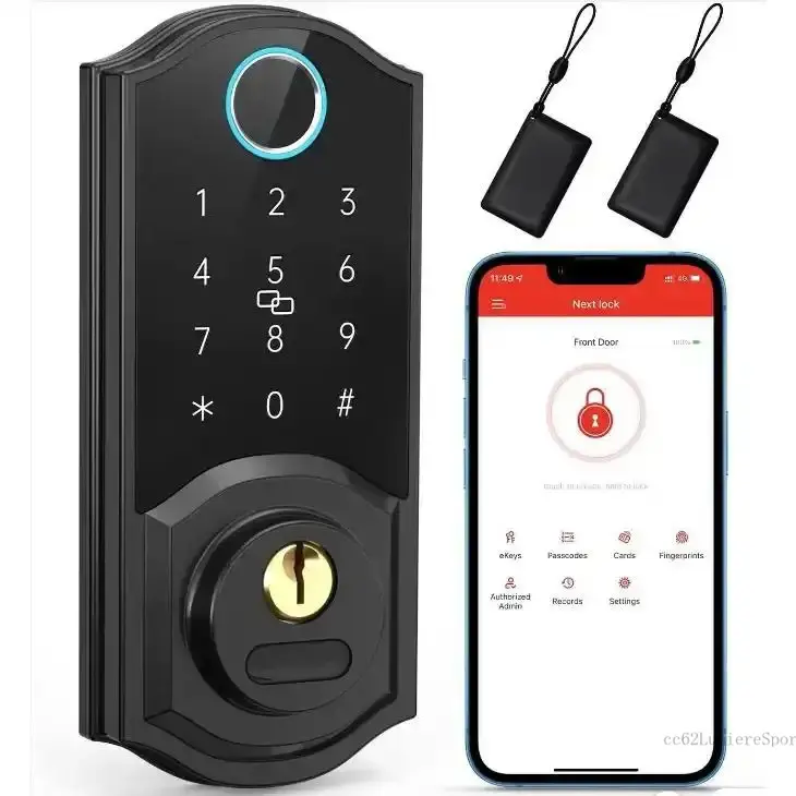 Metal 8-in-1 Smart Door Lock - Aluminum Security Deadbolt, Keyless Entry with Fingerprint, Digital Password Lock, Key Fob, Bluetooth Electronic Keypad for Front Doorscc62LumiereSport