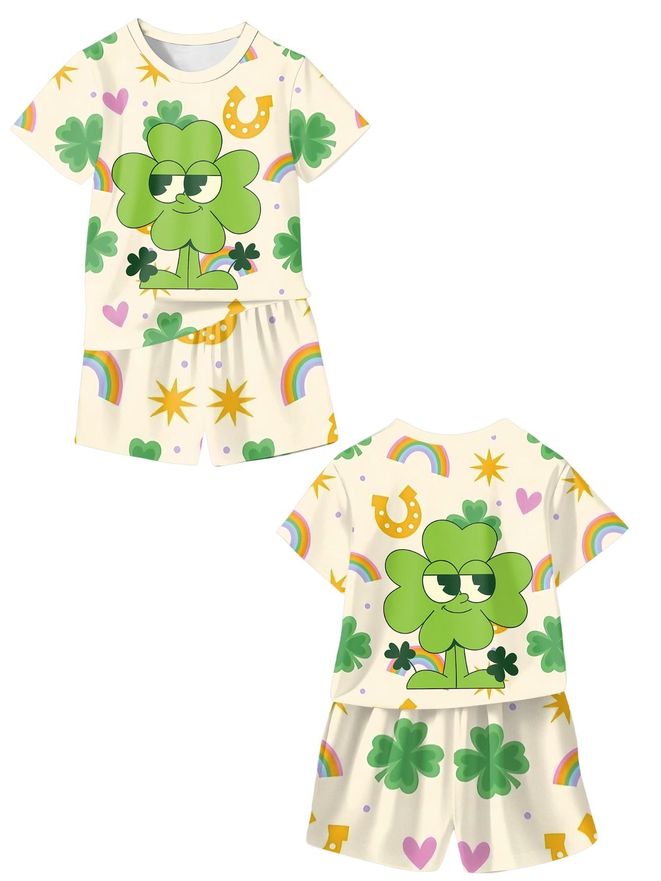 Lucky Four-Leaf Clover Kids' Two-Piece Short Sleeve and Shorts Set, 100% Polyester Casual Loose-Fit Outfit, Summer Fun Printed Pattern, Outdoor Sports T-Shirt Set, Perfect Gift for Boys