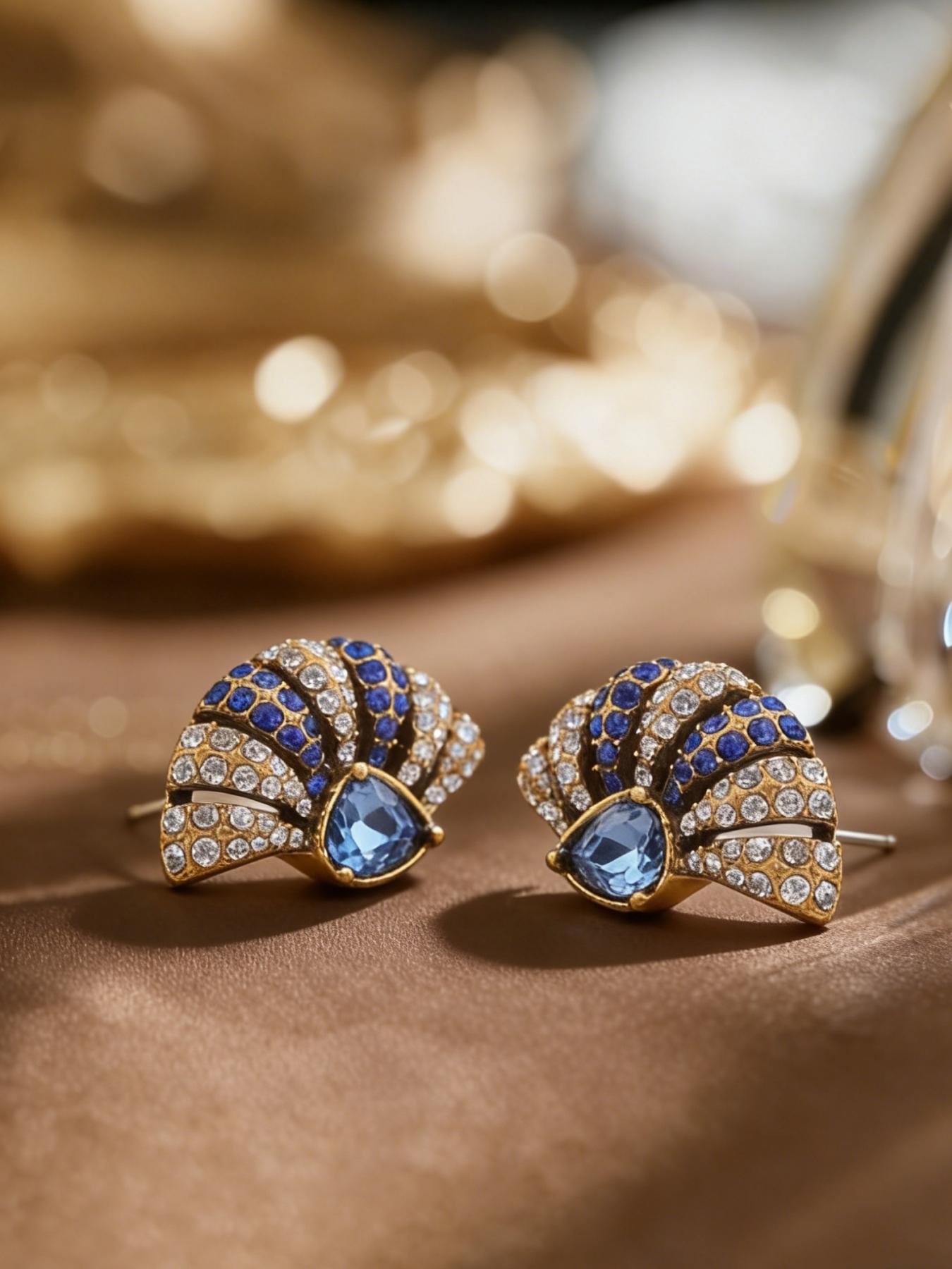 1 pair of retro luxury fan shaped diamond studded earrings, suitable for daily wear, vacation dates, and other occasions, and is also a surprising and exquisite small gift.