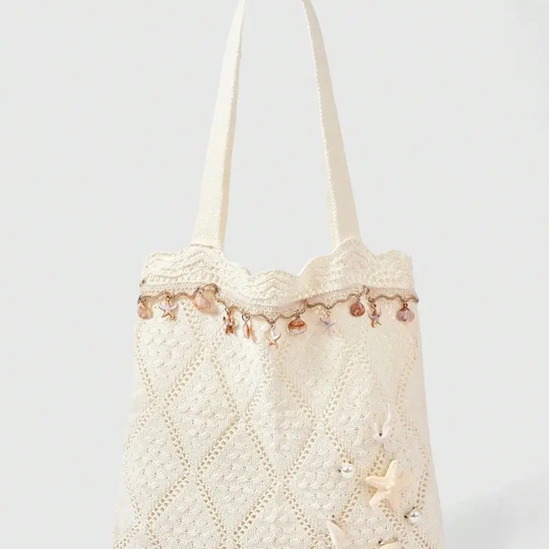 Fall Winter Vacation Starfish Shell Crochet Beach Bag, Woven Sand Satchel with Accessories, Fashionable Casual Lady Handbag Set, Fashionable Patterned Bag, Fashion Bags