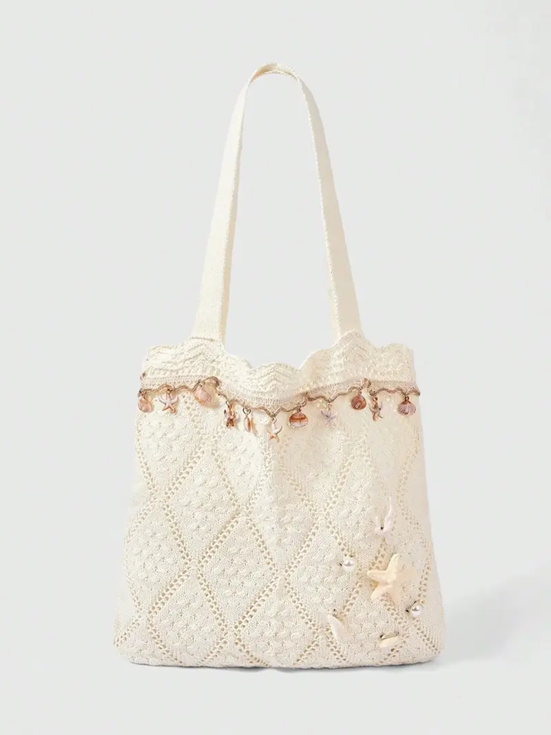 Fall Winter Vacation Starfish Shell Crochet Beach Bag, Woven Sand Satchel with Accessories, Fashionable Casual Lady Handbag Set, Fashionable Patterned Bag, Fashion Bags