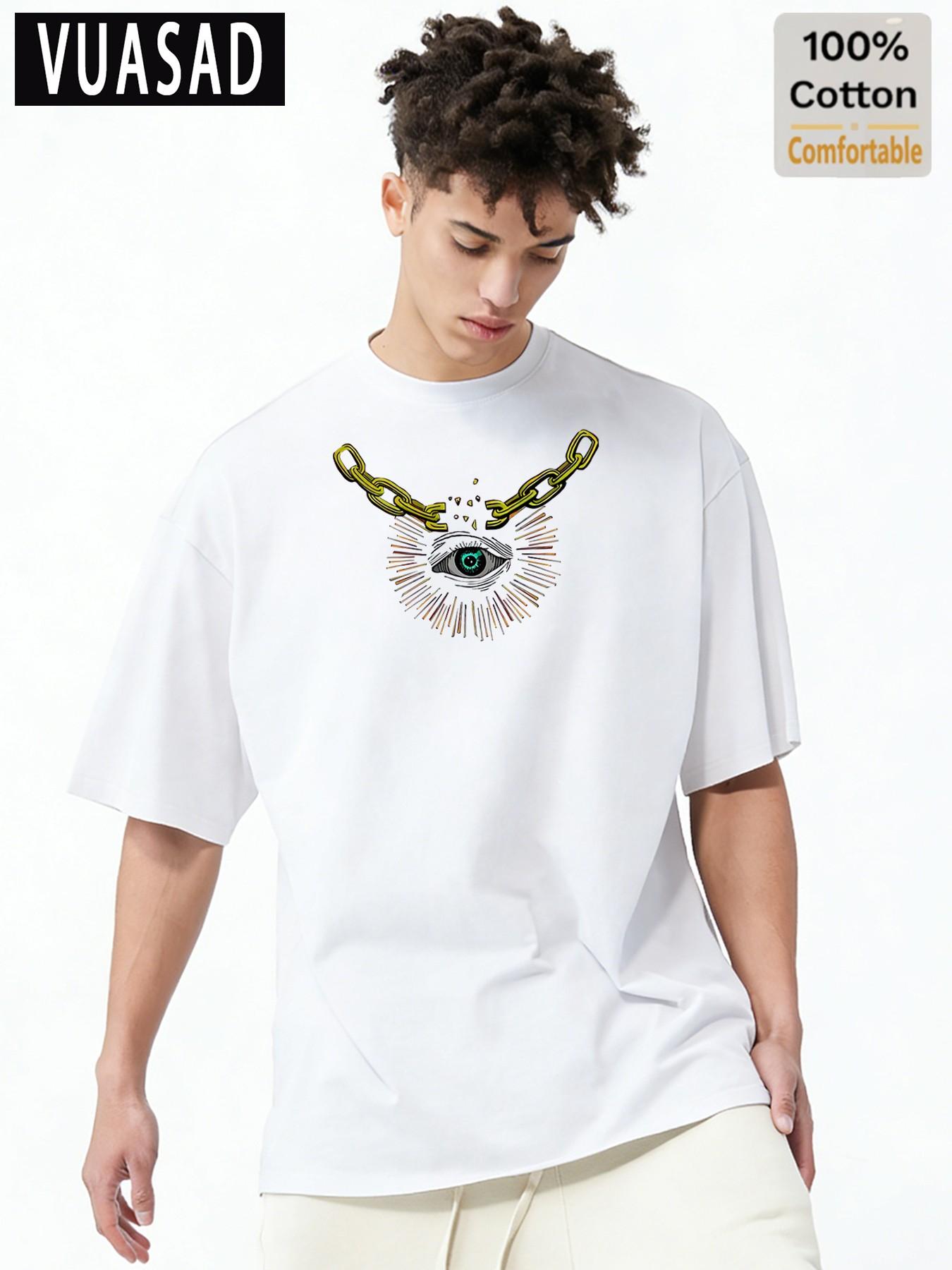 American Street Style Mystery Element Short Sleeve T-Shirt for Men, 100% Pure Cotton, Loose Fit, Casual Commuter Top, Long Length