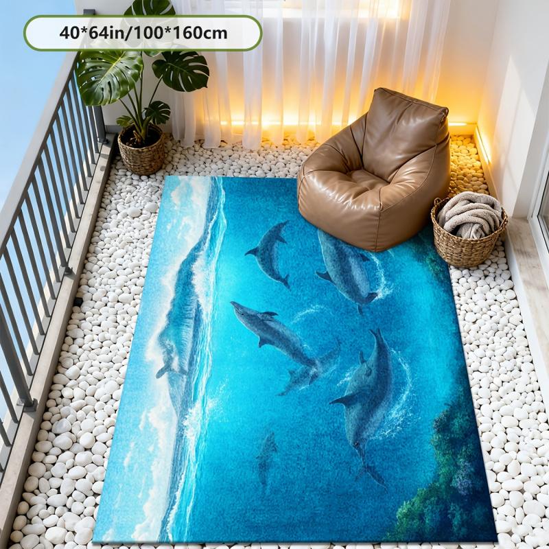 Super Soft Imitation Cashmere Dolphin Pattern Rug Ocean Fresh 2D Print Cozy Plush Non Slip Machine Washable Durable Floor Mat Perfect For Living Room Entryway Bedroom Yard Patio Balcony Pool Garage Indoor Outdoor Home Decor bathroom set non-slip shower