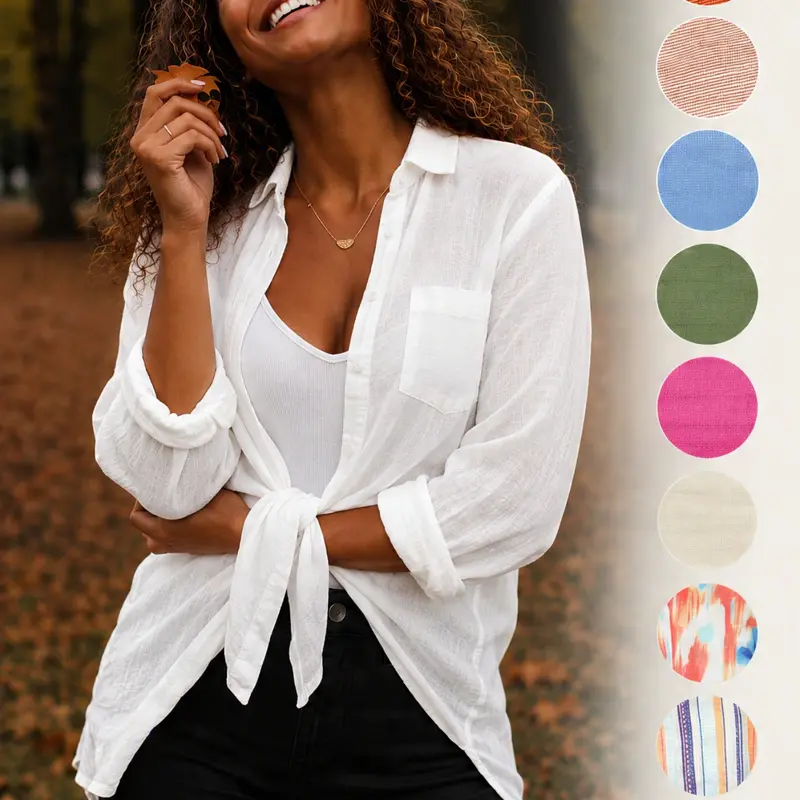 Lounge Style Solid Loose Blouse, Breathable Texture Long Sleeve Collared Cardigan, Casual Daily Wear Layering Outer Top