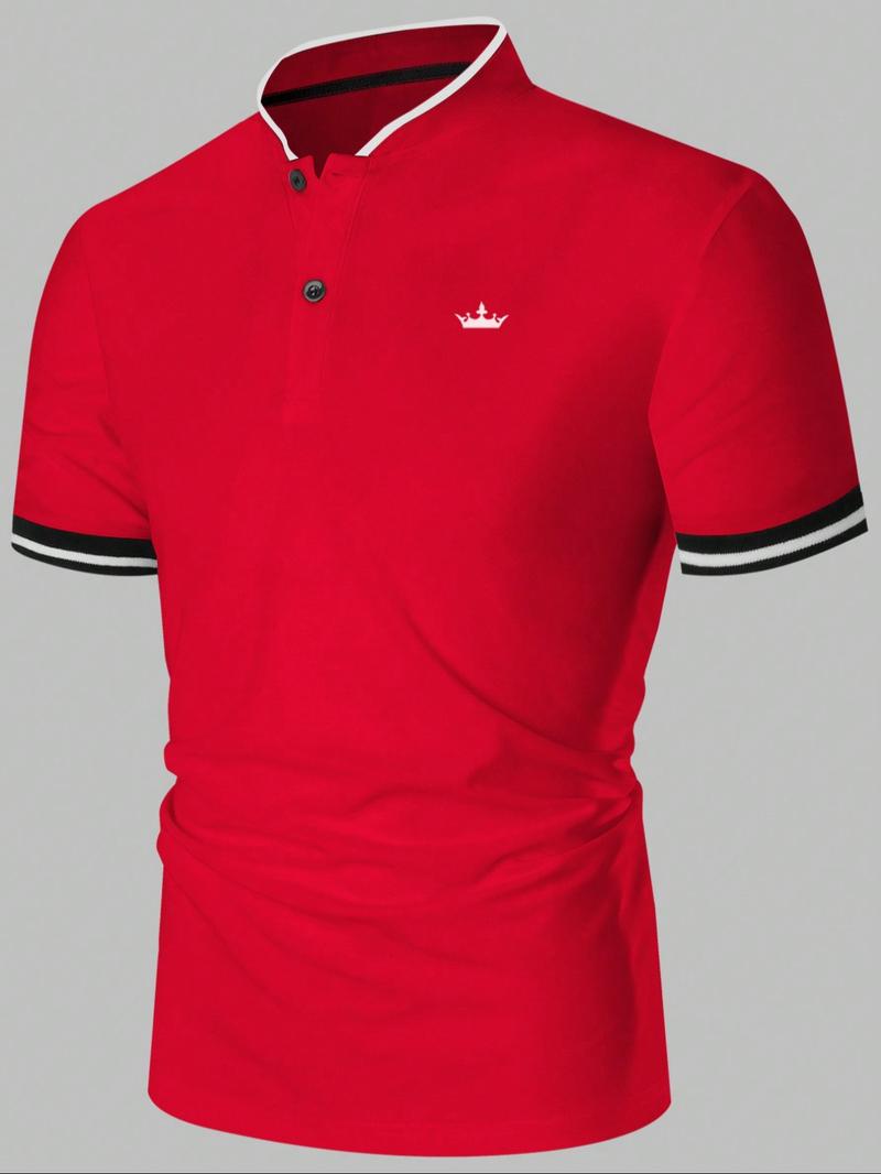 Men's Patchwork Geometric Print Polo Shirt, Fitted Casual Collared, Regular Fit Casual Short Sleeve Top for Summer, Men's Clothes for Daily Wear