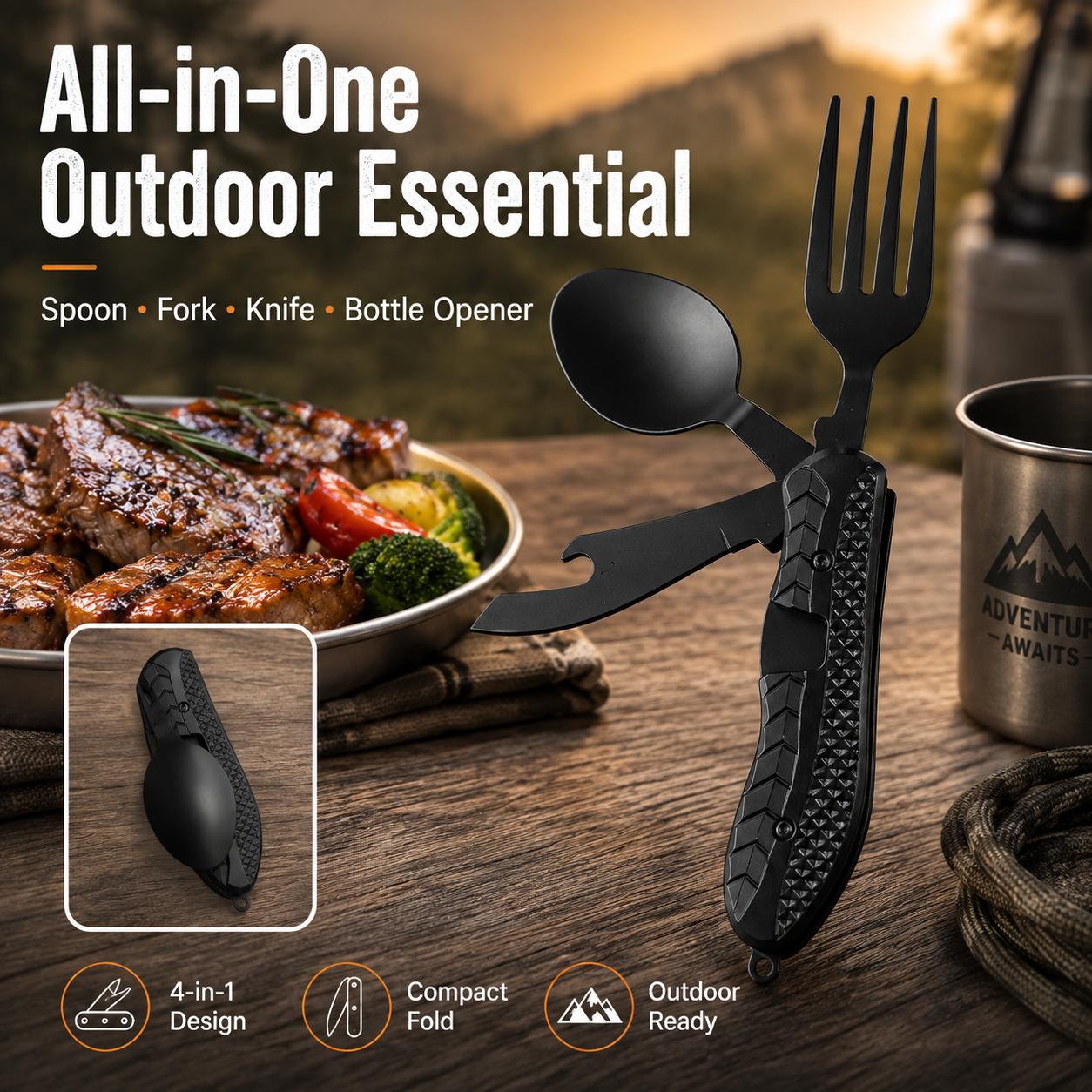 Multifunctional Folding Fork & Spoon Set, Stainless Steel Portable Outdoor Kitchenware, Camping Cooking Utensils, for Camping & Hiking, Travel Accessories, Christmas Gift-YY0
