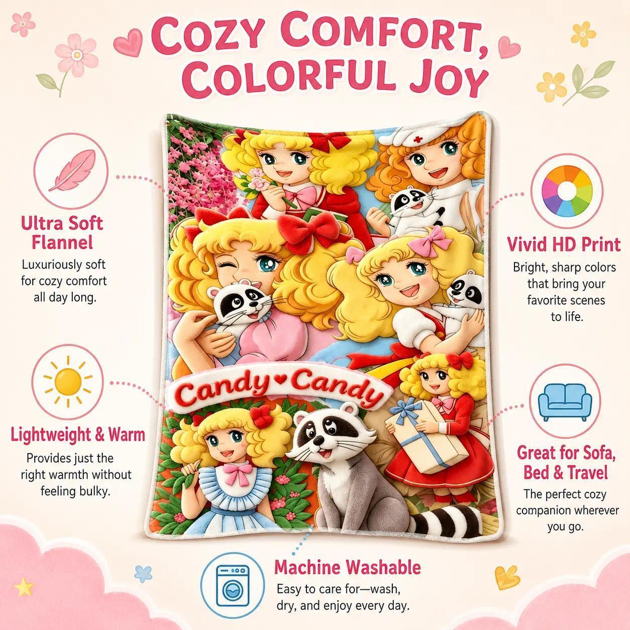 Vintage Candy Candy Classic Cartoon Girl Raccoon Pattern Flannel Throw Blankets Cooling Blankets Cooling Blanket Duvet Bedding Bed Accessories Comforter Set Retro Style Soft Ultra Cozy Lightweight Multi Purpose Decor Blanket for Bed Sofa Couch Bedroom Dor