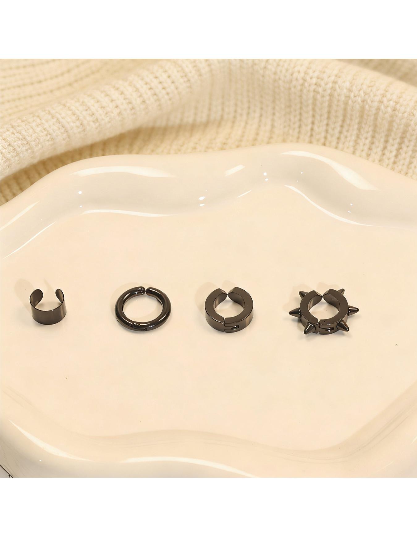 4 Pcs Stainless Steel Clip Earrings Set, No Piercing Required, Unisex Street Style, Random Print, All Seasons, Free Combining