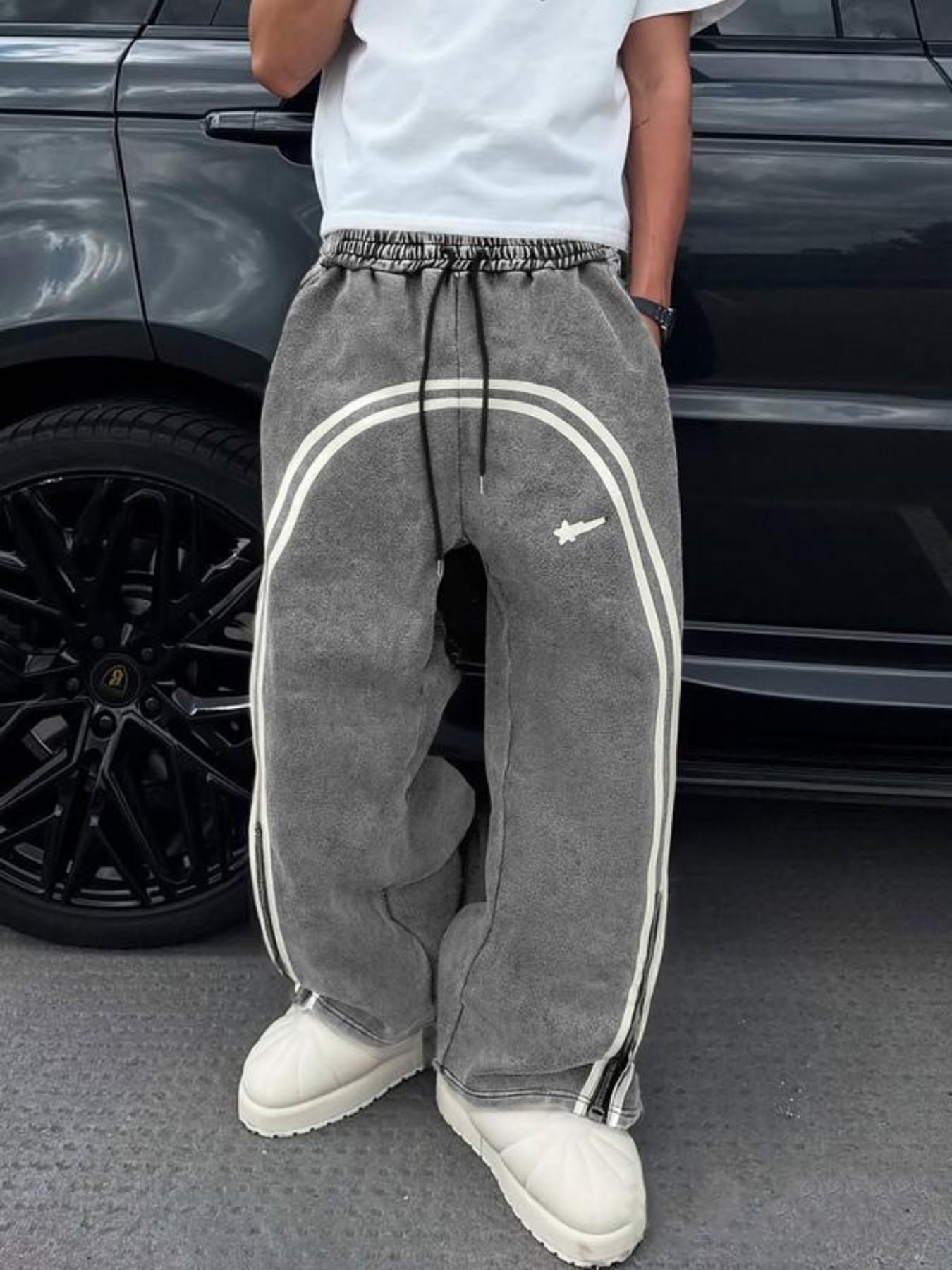 Men's Zipper Decorate Pants, Regular Fit Casual Striped Street Comfy Pants for Spring & Fall, Men's Casual Fashion Trousers for Daily Wear, Menswear