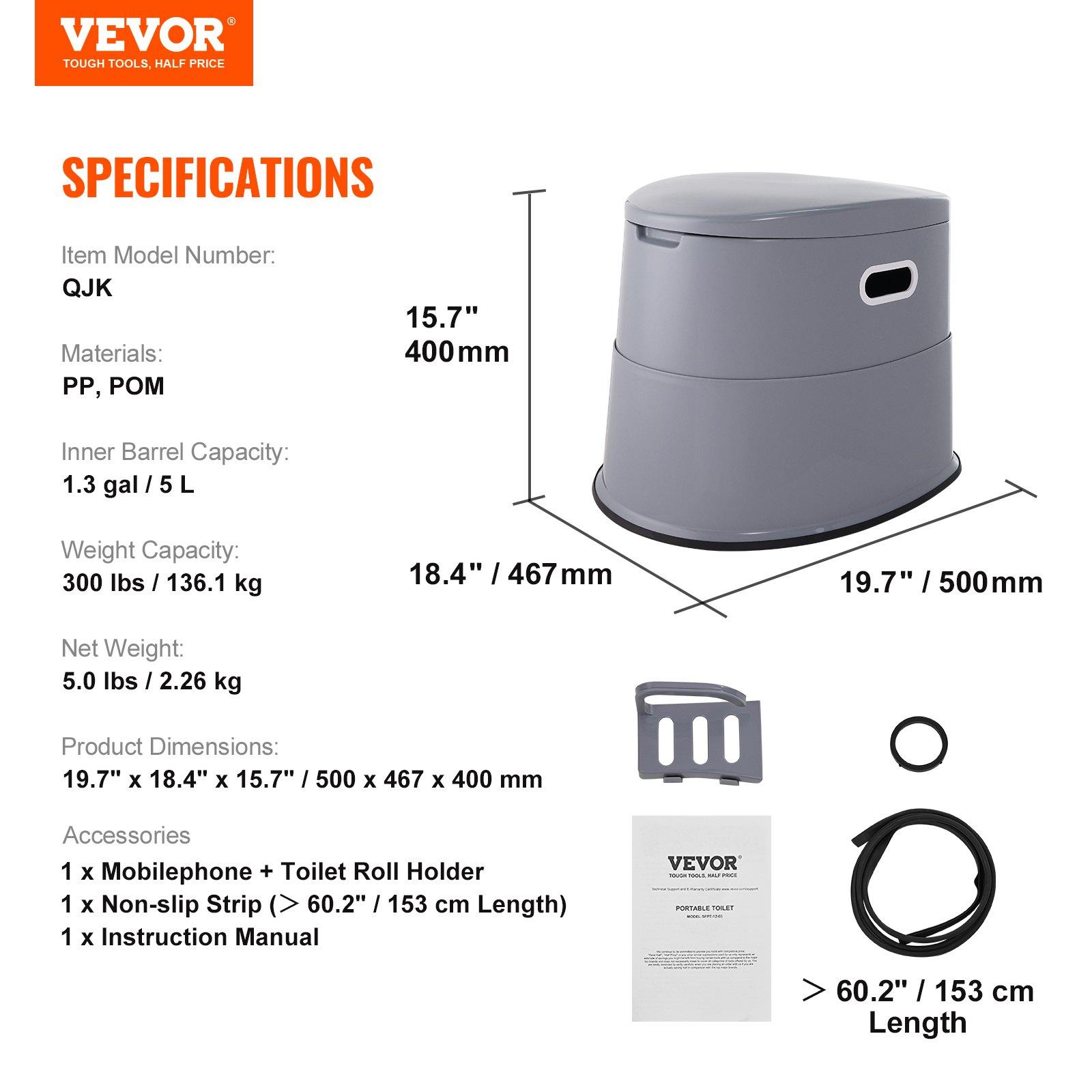 VEVOR Polypropylene (PP Plastic) Portable Camping Toilet, 300 lbs Capacity Porta Potty with 1.3 Gal Detachable Inner Bucket, Removable Washable Paper Holder, Non-Slip Commode, Double Cover, Side Handles, Odorless for Adults/Kids, Camping/Travel