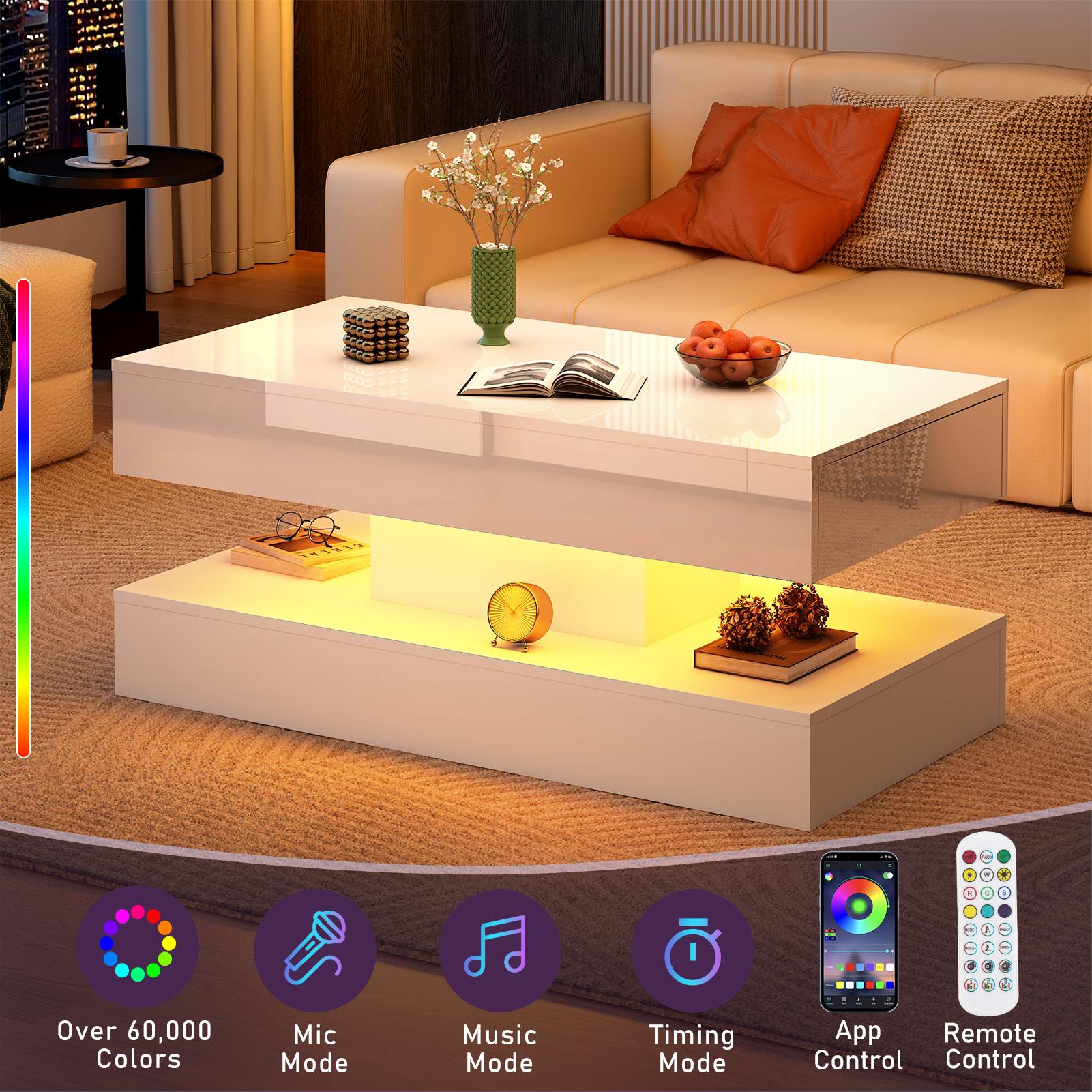 LED Coffee Table with 2 Storage Drawers, Modern High Gloss Black Coffee Table w/20 Colors LED Lights, 2 Tiers Rectangle Center Table for Living Room with Marbling Print, APP Control, Black/White