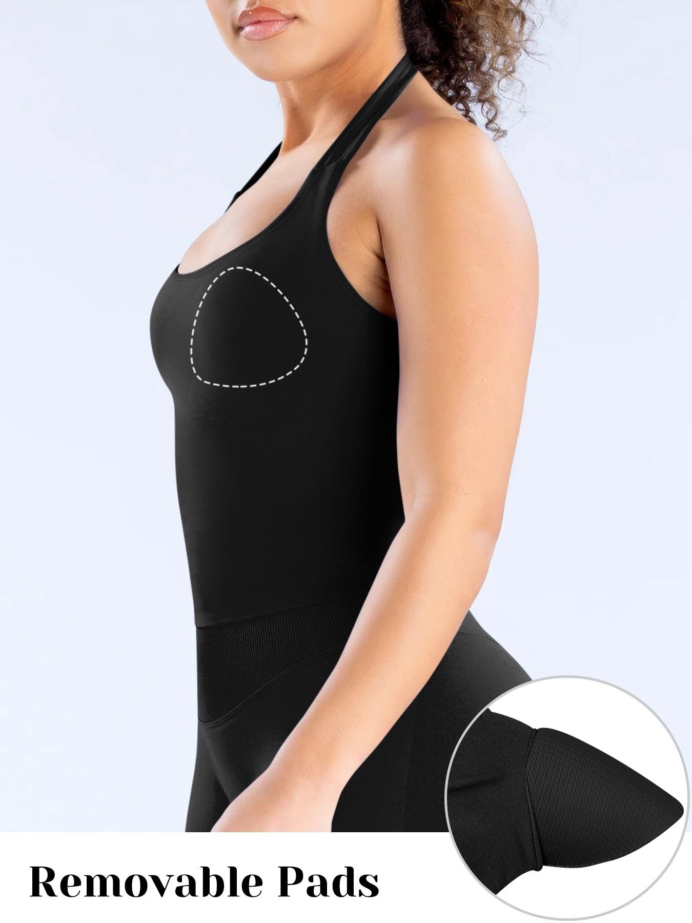 1/2/3/4 Pcs Women's Sleeveless Yoga Halter Neck Tank Top with Removable Pads, Three-Layer Seamless Backless Tank Tops Casual Solid Color Soft All Seasons Wear