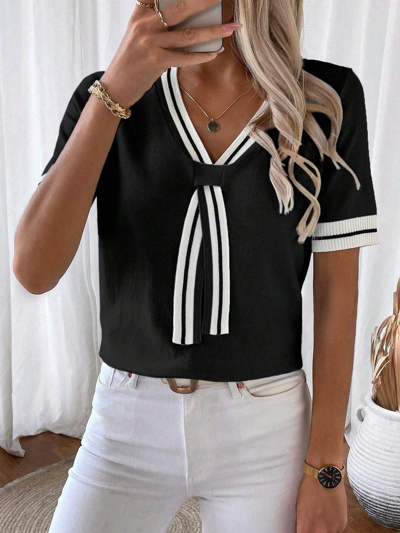 Women's Colorblock Striped Shortsleeve Vneck Knit Top, Casual Elegant Classy Fashion Chic Fitted Short Sleeve Top for Summer, Ladies Clothes for Daily Wear, Womenswear, Knitwear, Breathable Top, Casual Breathable Elegance