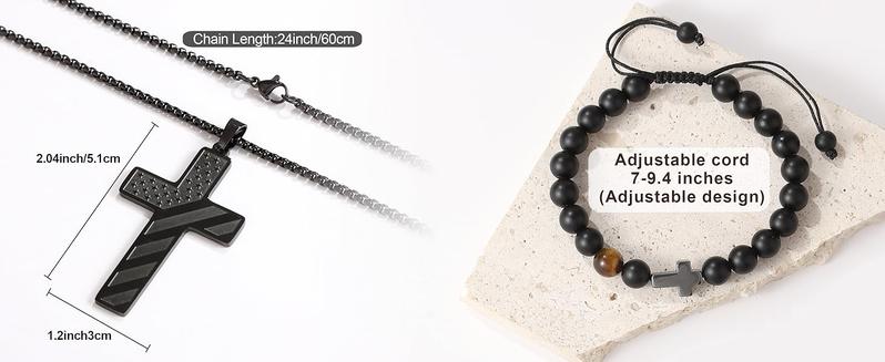 Men's Cross Necklace: Bible Verse & American  Flag Pendant | Stainless Steel Patriotic Faith Chain - Bold Gift for Him men boy black tone Strength Inspiration